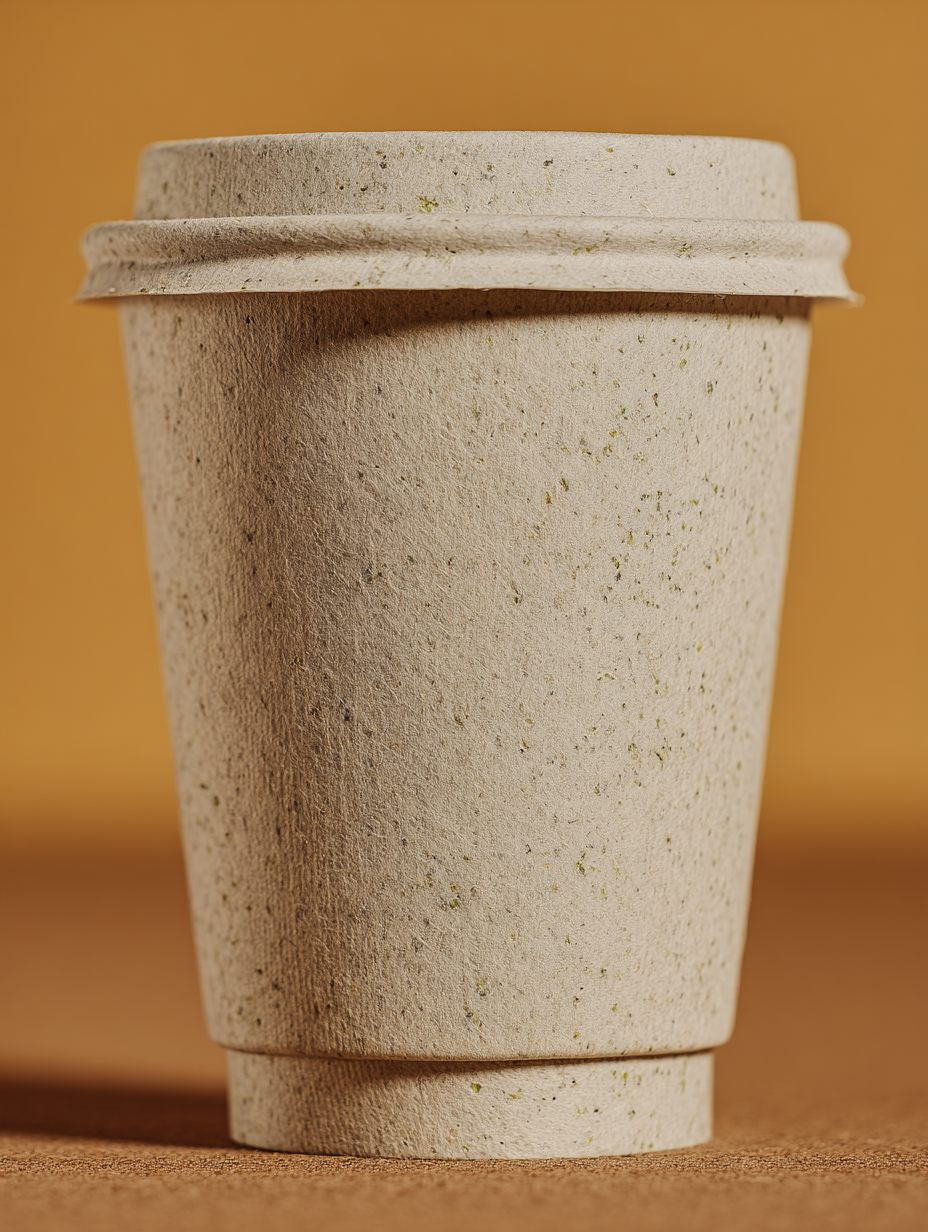 Copo biodegradável com textura granulada sobre superfície marrom clara, fundo liso em tom terracota. A iluminação suave destaca a simplicidade do design ecológico, com foco nítido e ângulo frontal que realça detalhes da textura natural.