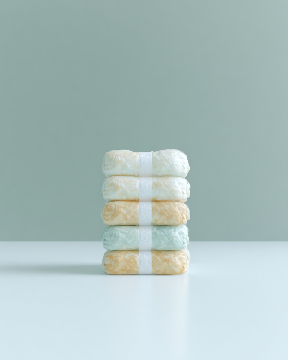 Empilhamento de toalhas de algodão em cores suaves, incluindo tons de amarelo, verde e branco, com laço branco, sobre uma superfície clara. Ideal para decoração de banheiro ou uso em spas.