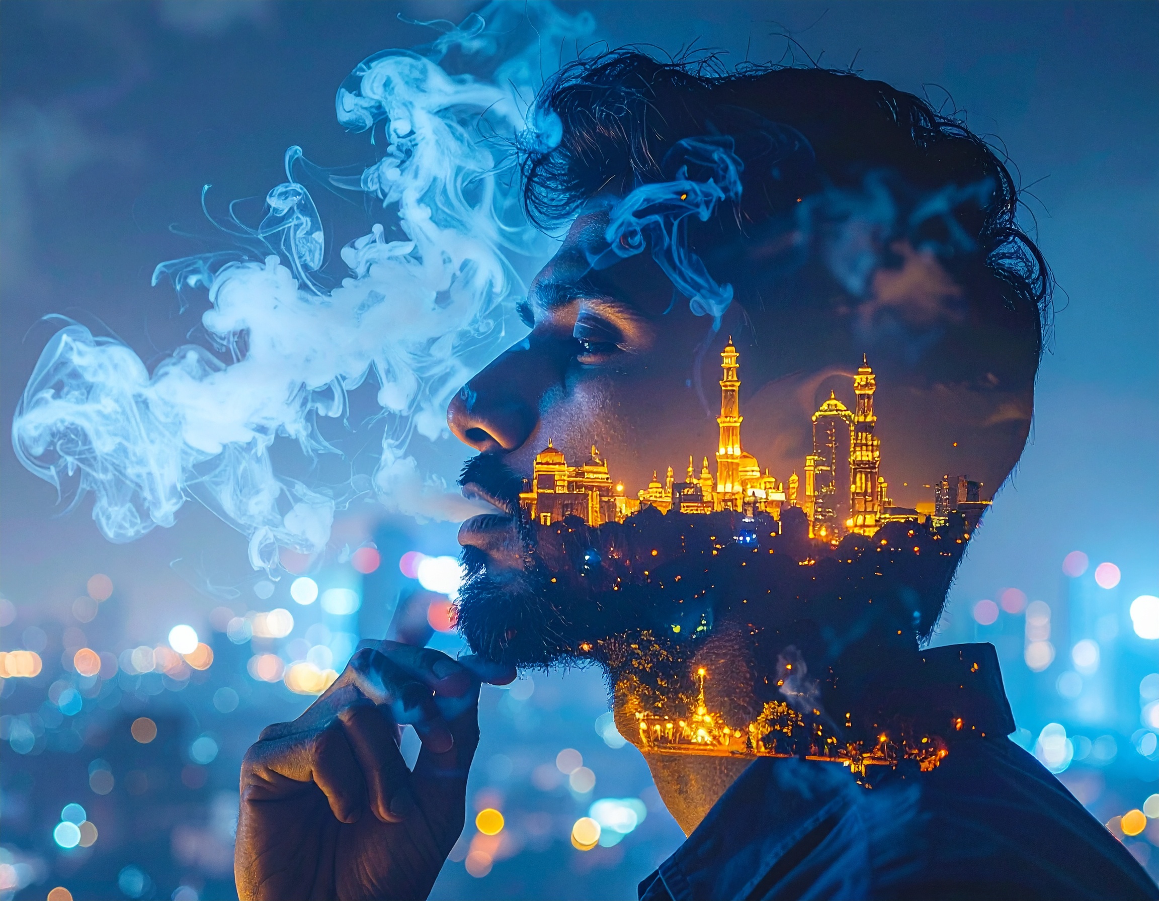 A man's silhouette with a vibrant cityscape overlay creates a striking visual