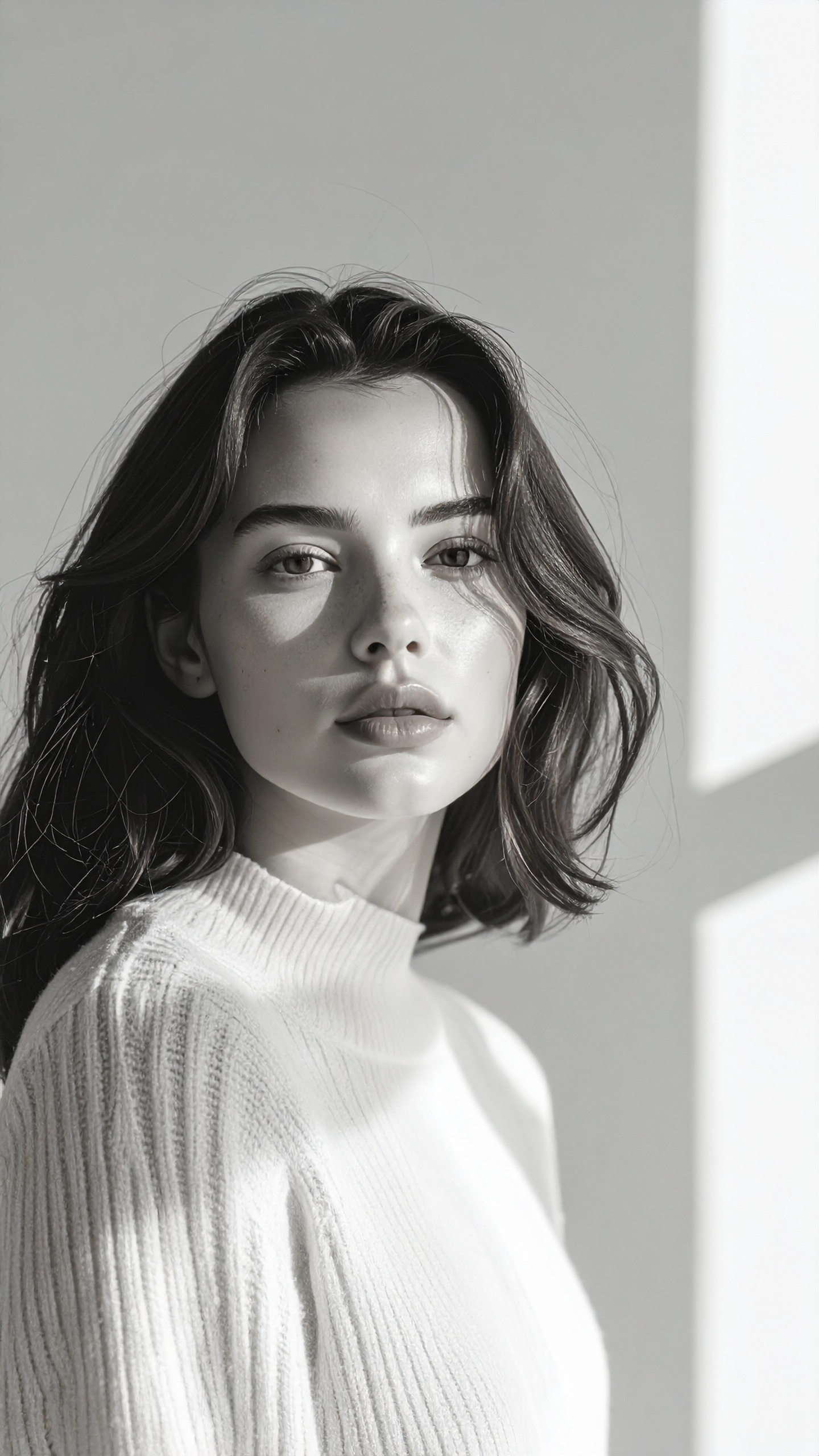 A young woman in a cozy white sweater is illuminated by soft natural light