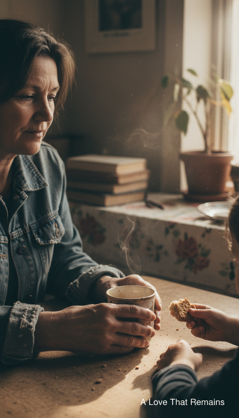 A woman holds a steaming cup of coffee while sitting at a cozy table