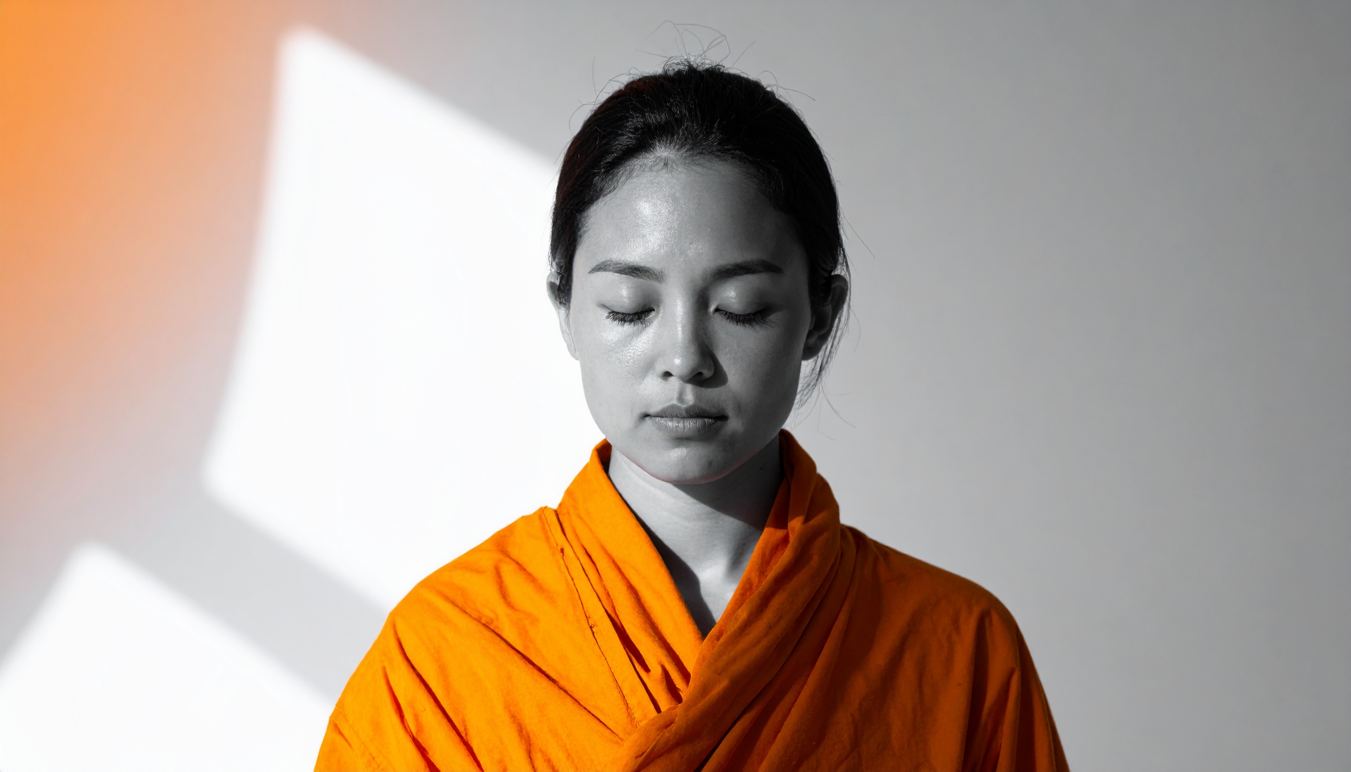 A serene woman meditates in an orange robe with eyes closed