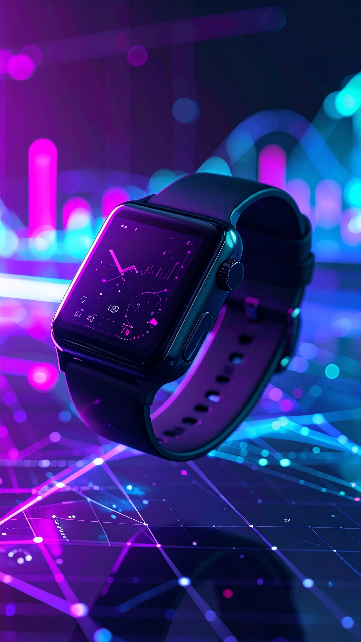 Relógio inteligente com design futurista sobre superfície digital luminosa. Ideal para quem busca tecnologia de ponta e estilo moderno no dia a dia. O display digital vibrante destaca gráficos e informações úteis em cores neon. Perfeito para ambientes urbanos, academias ou reuniões de negócios inovadoras. Oferece um diferencial de conectividade e funcionalidade avançada.