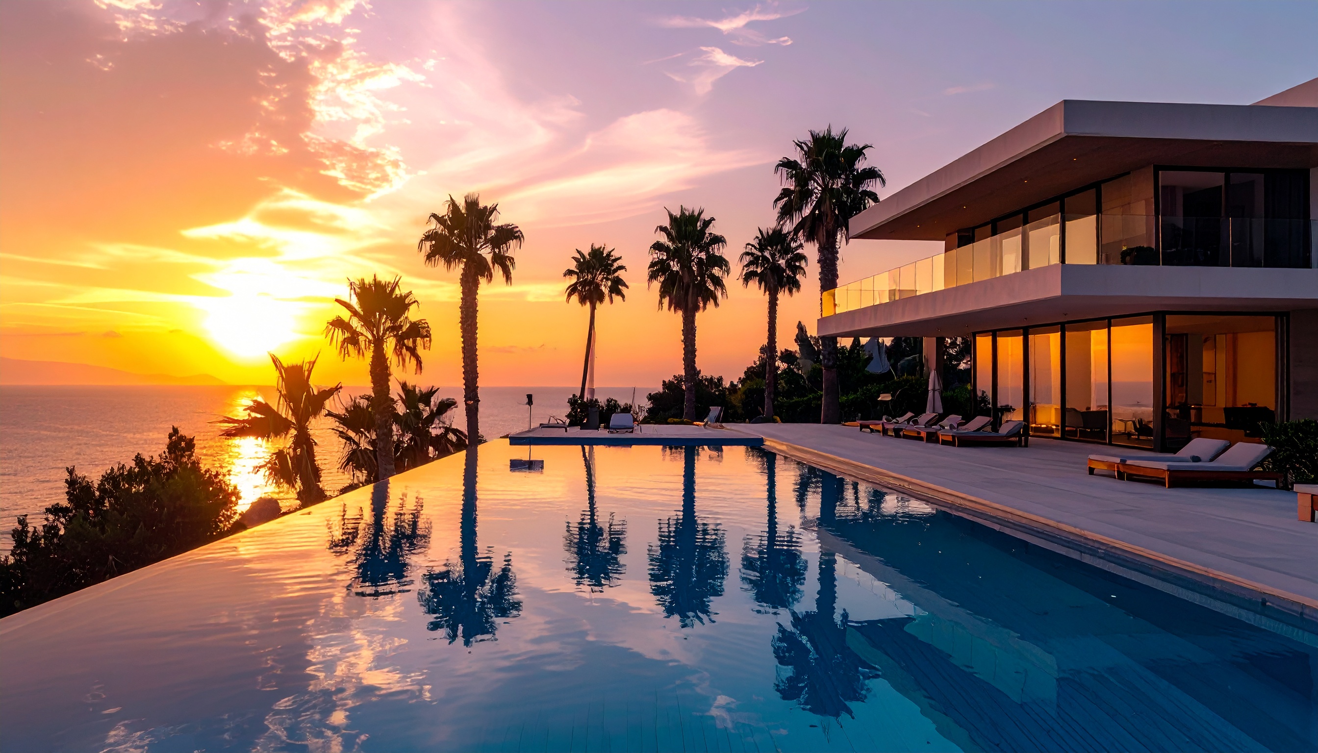 Luxurious beachfront villa with an infinity pool overlooking a stunning sunset