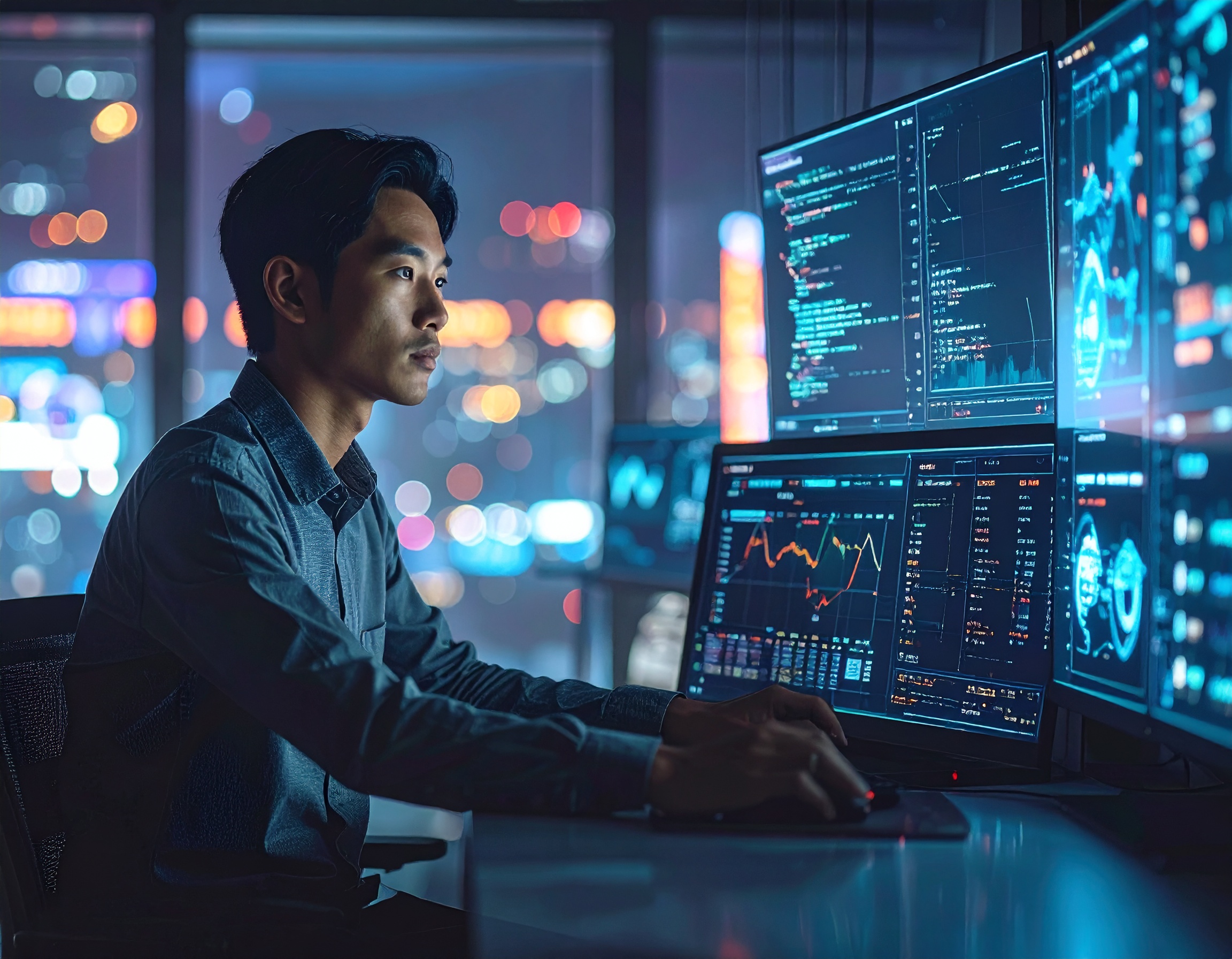 Focused Man Analyzing Financial Data on Multiple Screens in Modern Office