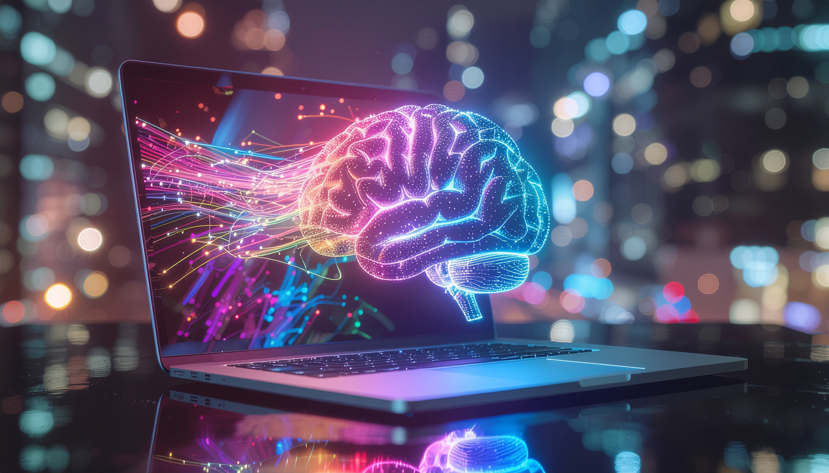 Cena noturna com laptop exibindo holograma de cérebro digital multicolorido, com traços de luz emanando, criando efeito futurista e tecnológico. Fundo urbano desfocado com bokeh adiciona profundidade e atmosfera cibernética.