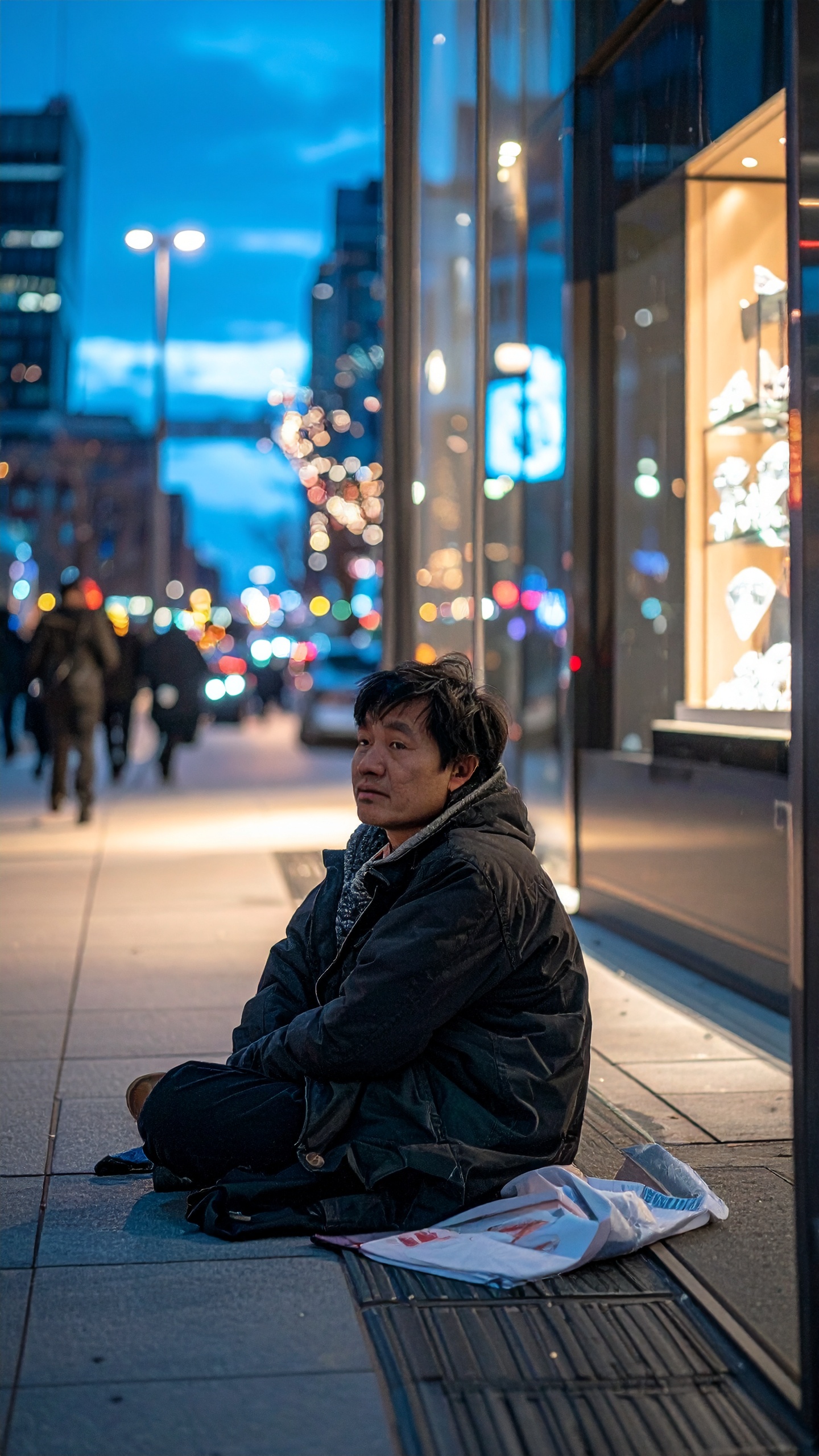 A person sits on a city sidewalk near a brightly lit storefront