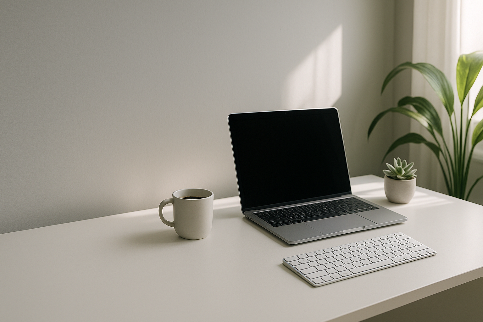 Mesa minimalista com laptop fechado, teclado sem fio, xícara de café e planta pequena, iluminada por luz suave de janela, transmitindo serenidade e foco.