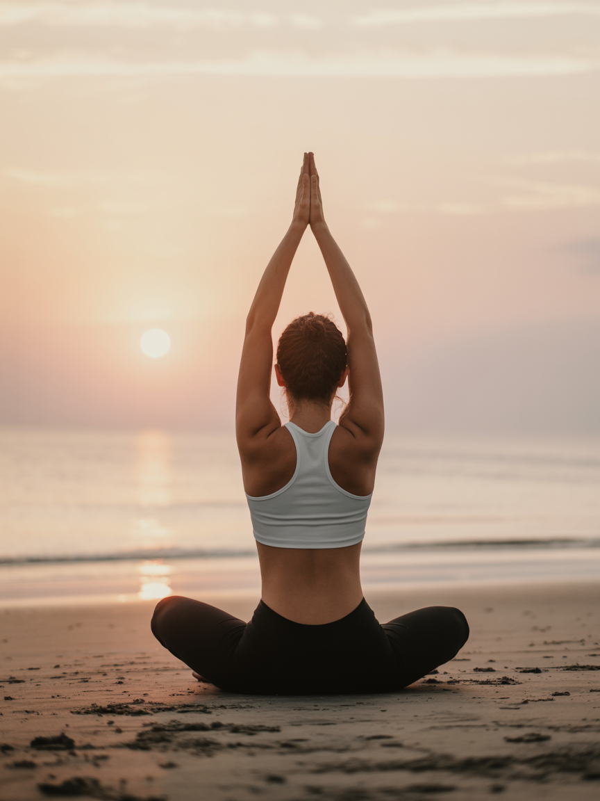 A woman practices yoga on a serene beach during a picturesque sunrise