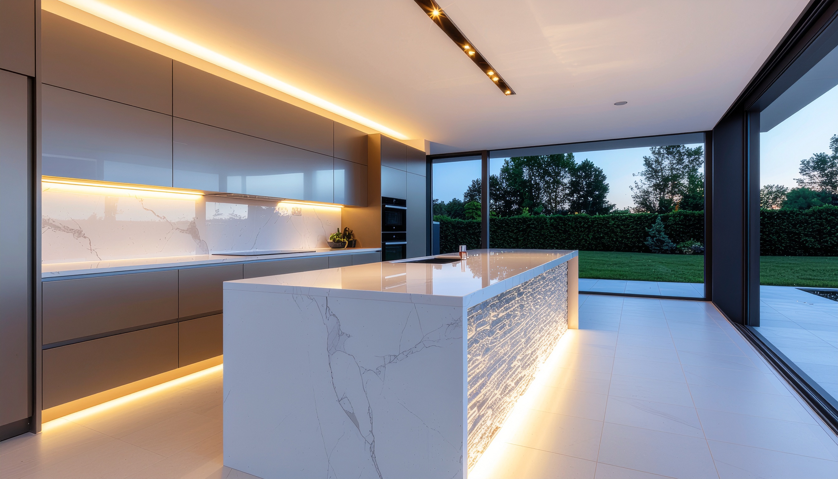 Cozinha moderna com design minimalista, apresentando uma ampla ilha central de mármore branco com iluminação embutida. Armários lisos e superfícies brilhantes refletem a luz suave do entardecer. As grandes janelas de vidro oferecem uma vista para o jardim bem cuidado, criando uma atmosfera serena e sofisticada. O piso claro e o esquema de cores neutras ampliam visualmente o espaço, enquanto o foco no design linear e elegante ressalta a estética contemporânea.