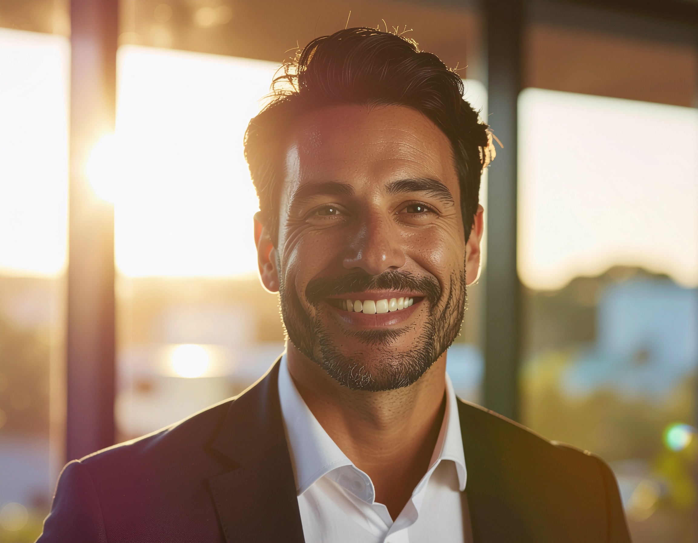 Smiling Man in Formal Attire by Sunset Window