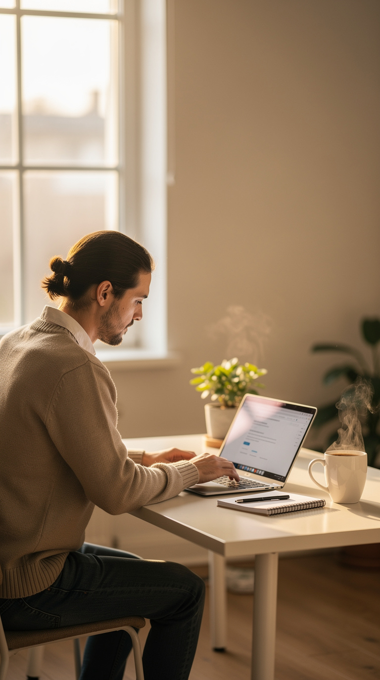 A young man works on a laptop at a minimalist desk with a cozy, sunlit ambiance