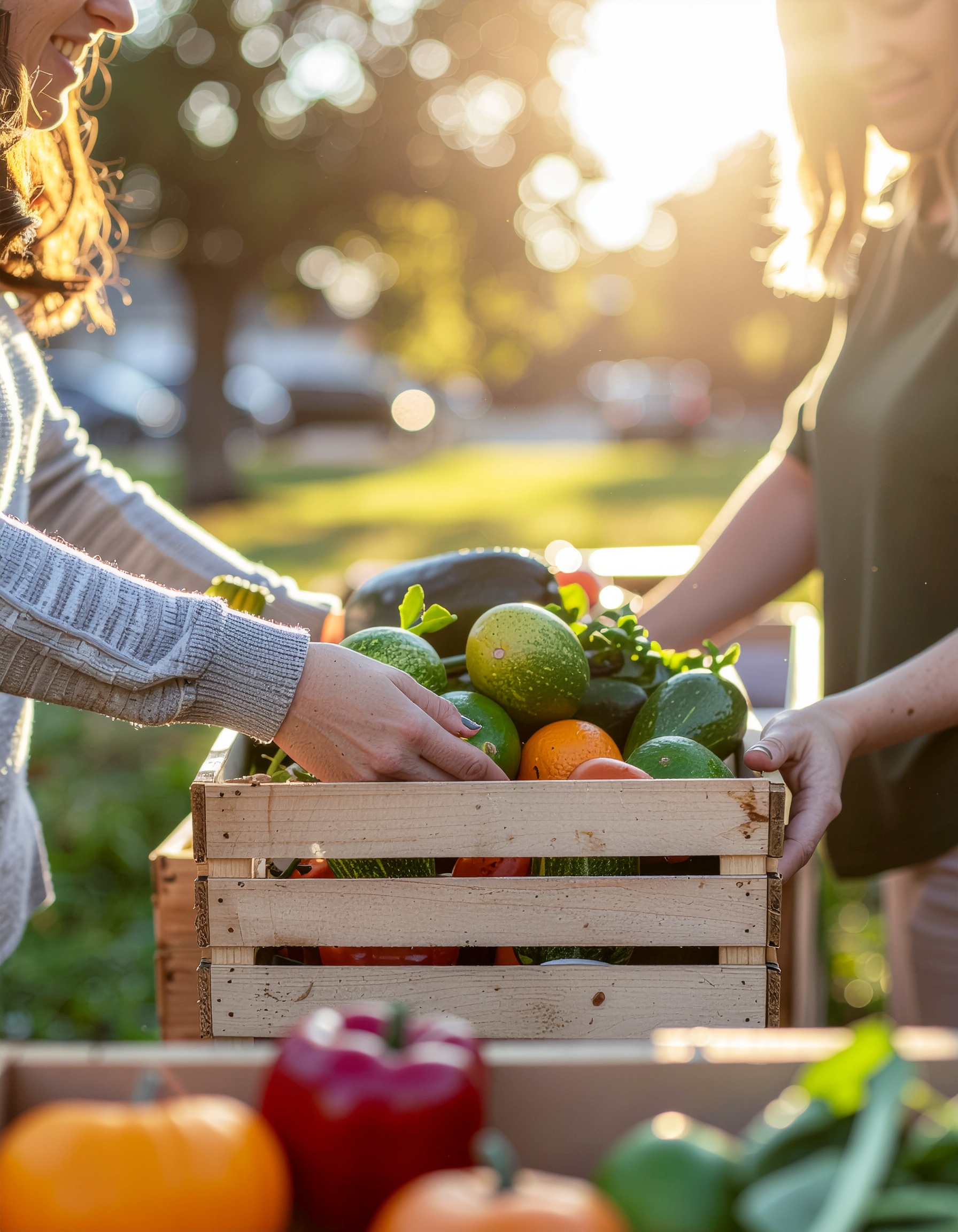 Cena de duas pessoas segurando uma caixa de madeira cheia de vegetais frescos em um ambiente externo iluminado pelo sol. As cores vibrantes dos vegetais contrastam com o fundo desfocado. A composição destaca as mãos delicadamente segurando a caixa, com iluminação suave proporcionando uma atmosfera calorosa e acolhedora. O ângulo da câmera e a profundidade de campo criam um foco nos detalhes dos vegetais.