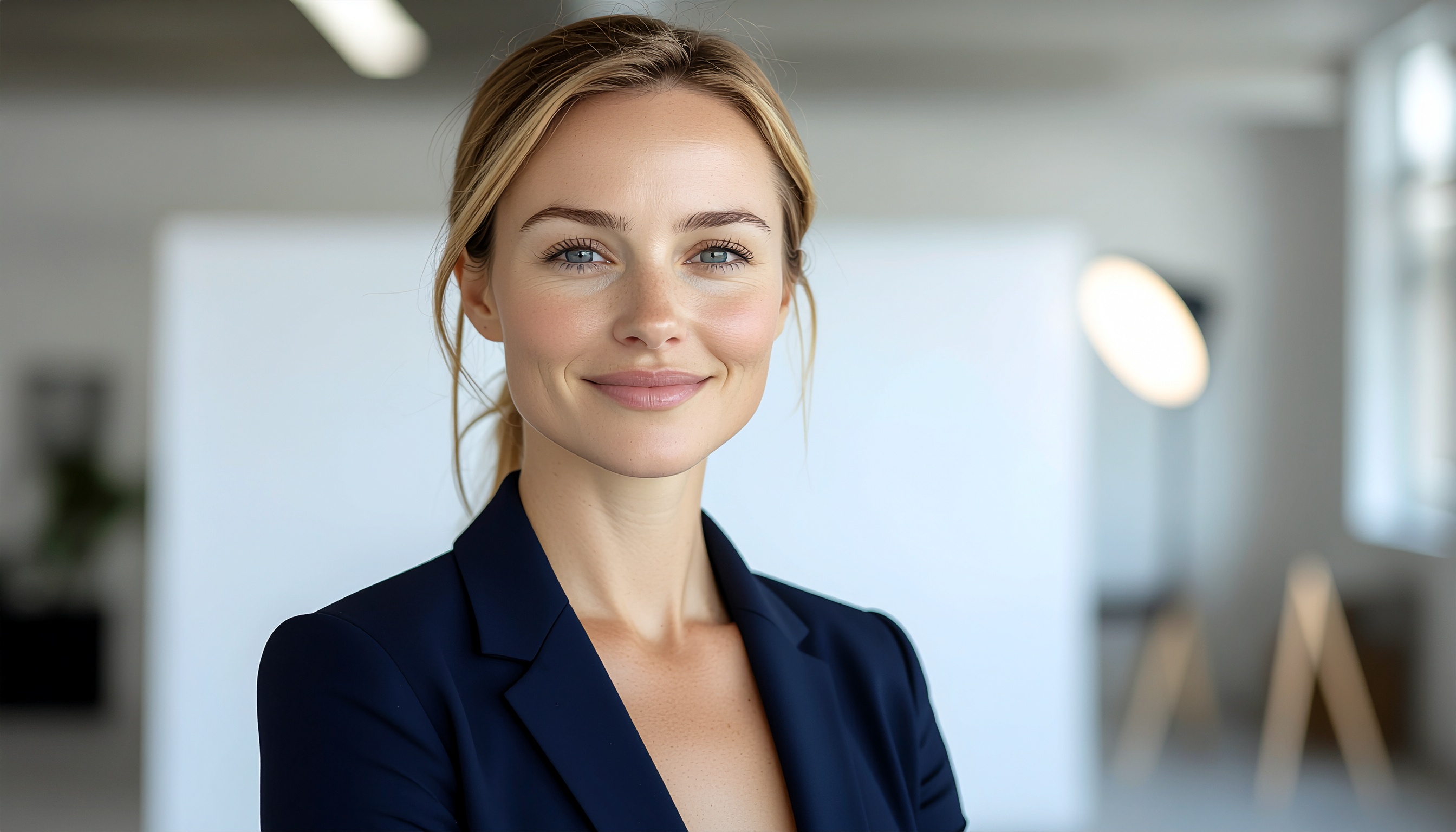 A confident professional woman in a stylish navy blazer stands in a bright, modern office