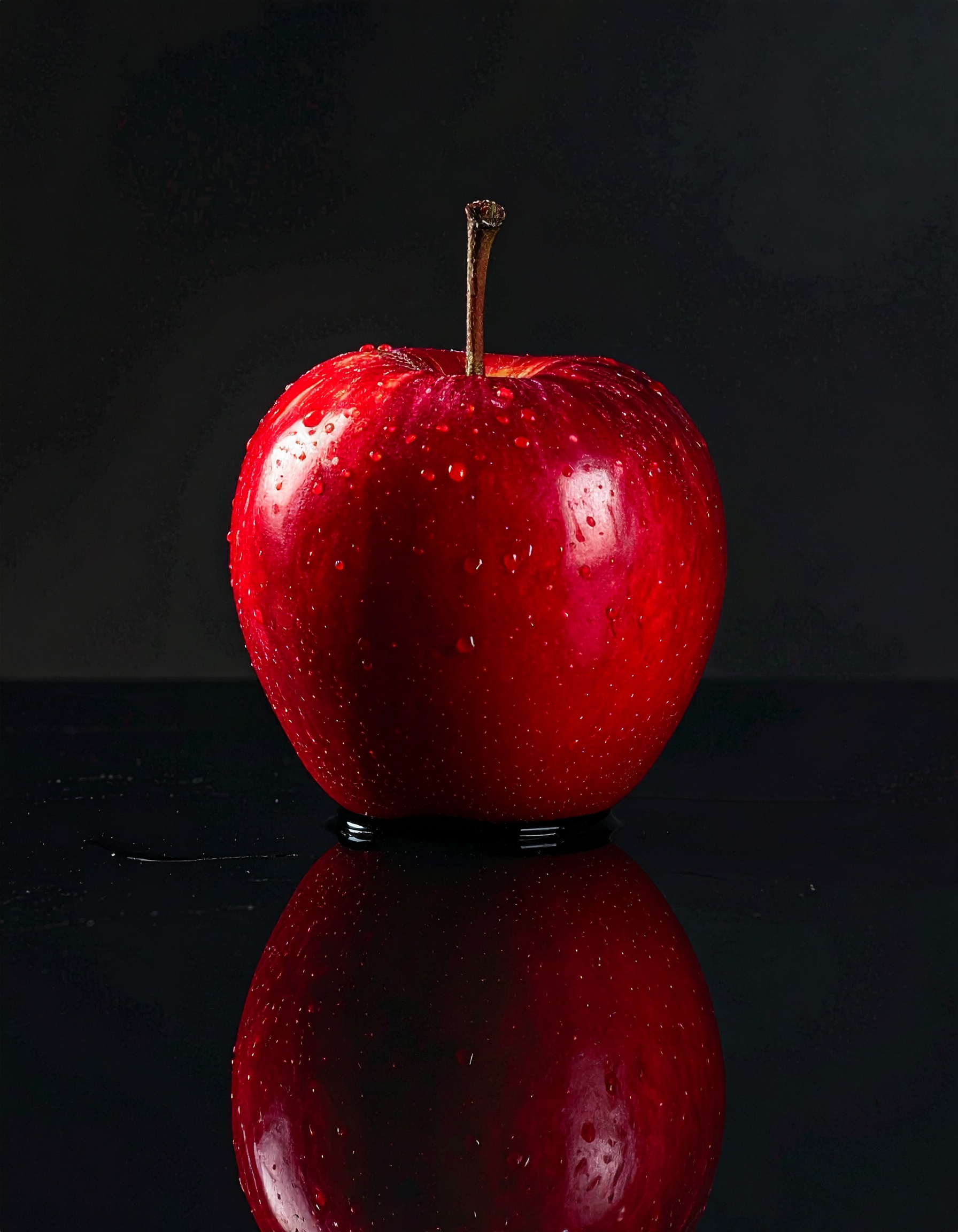 A vibrant red apple rests on a glossy black surface, droplets of water adding freshness