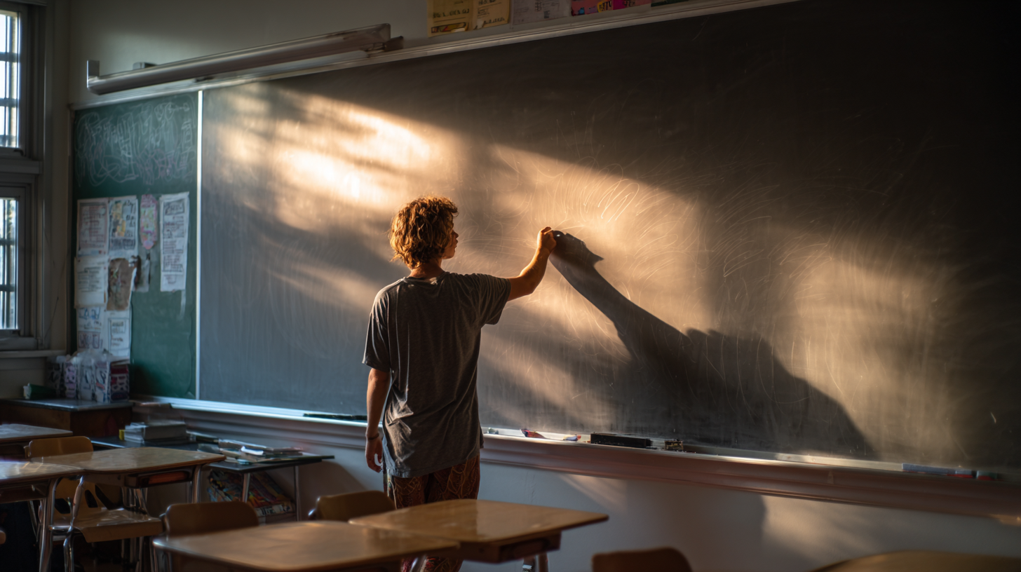 Um aluno escreve em um quadro negro em uma sala de aula iluminada pela luz do sol, com mesas escolares ao fundo. A cena captura a essência do aprendizado e da criatividade em um ambiente educacional.