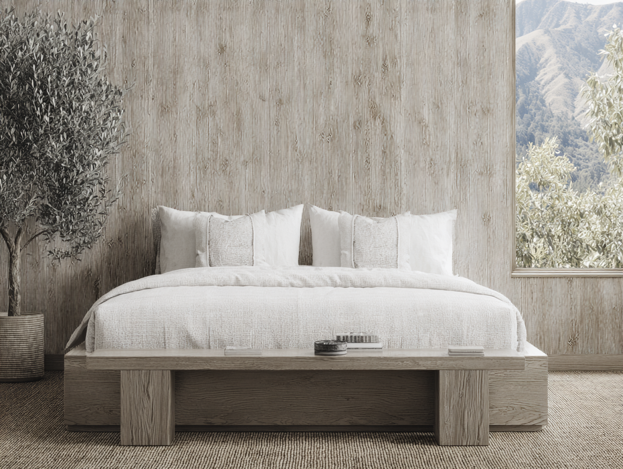 Quarto minimalista com cama de madeira clara e roupa de cama branca, ao lado de uma planta verde em vaso. A parede texturizada complementa o design moderno e natural, enquanto uma grande janela enquadra a vista de uma paisagem montanhosa, proporcionando luz natural suave e uma sensação de serenidade. A composição simétrica e o ângulo frontal destacam a harmonia e o equilíbrio do espaço.