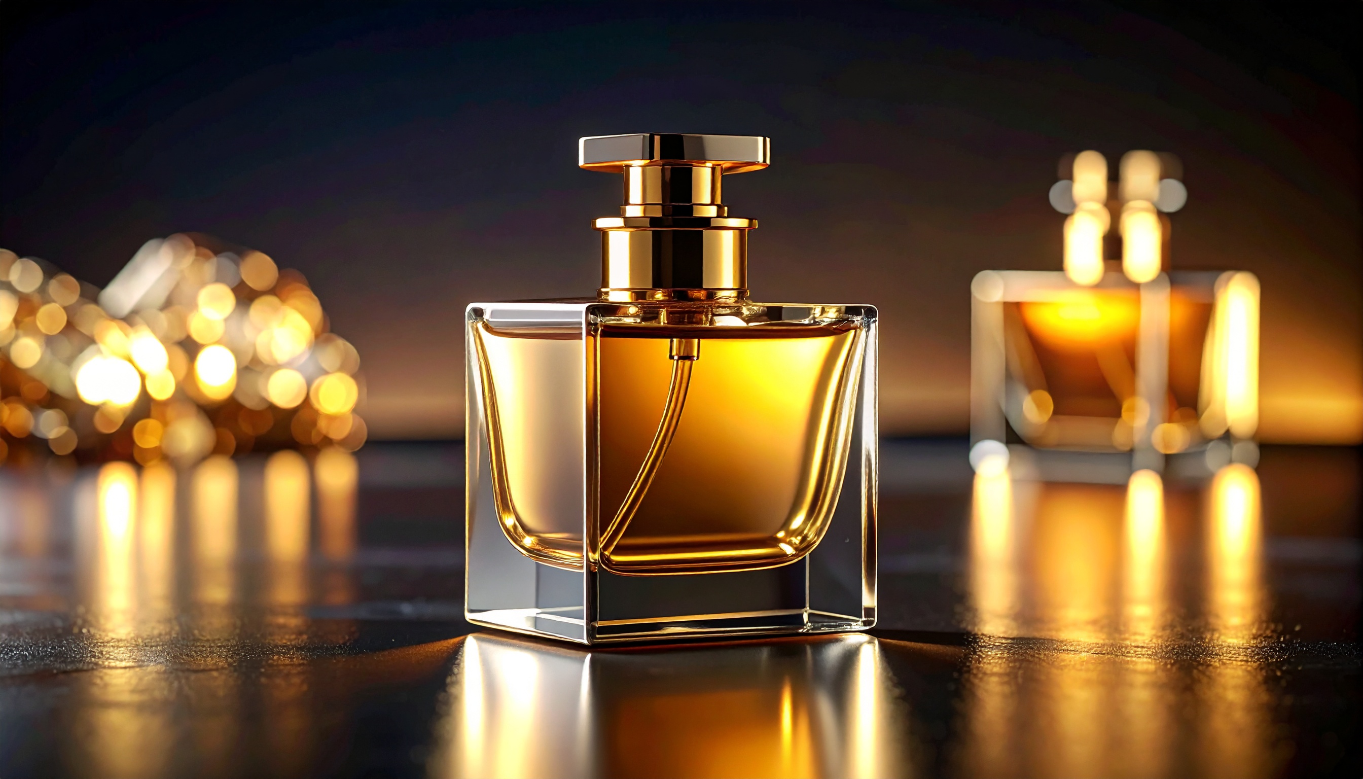Luxurious Amber Perfume Bottle with Soft Lighting