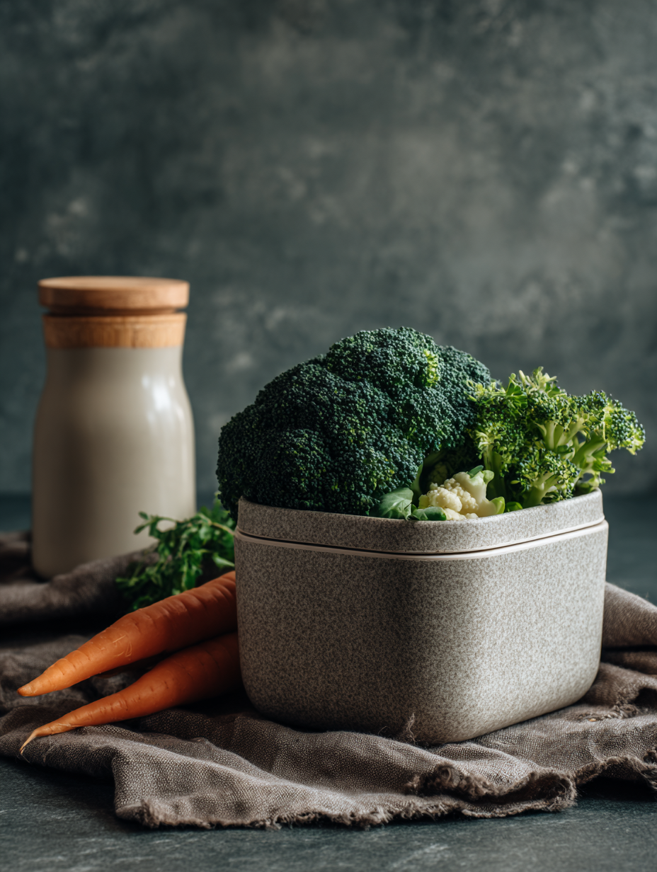 Cena minimalista de legumes frescos em um recipiente de cerâmica sobre um pano rústico, destacando brócolis e cenouras com iluminação suave e fundo escuro, criando uma atmosfera natural e saudável.