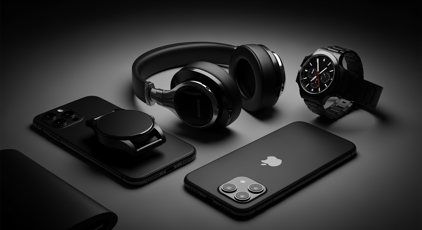 Diversos dispositivos tecnológicos de alta qualidade em tons de preto fosco, incluindo um smartphone, fones de ouvido, smartwatch e um relógio analógico. Ideal para quem busca produtos premium com estilo sofisticado e funcionalidade moderna. O design elegante e minimalista, com acabamento em preto, destaca-se em ambientes corporativos ou uso diário. Cada peça oferece desempenho superior para tecnologia de consumo diário. A combinação perfeita de estilo e inovação garante uma experiência de usuário otimizada.