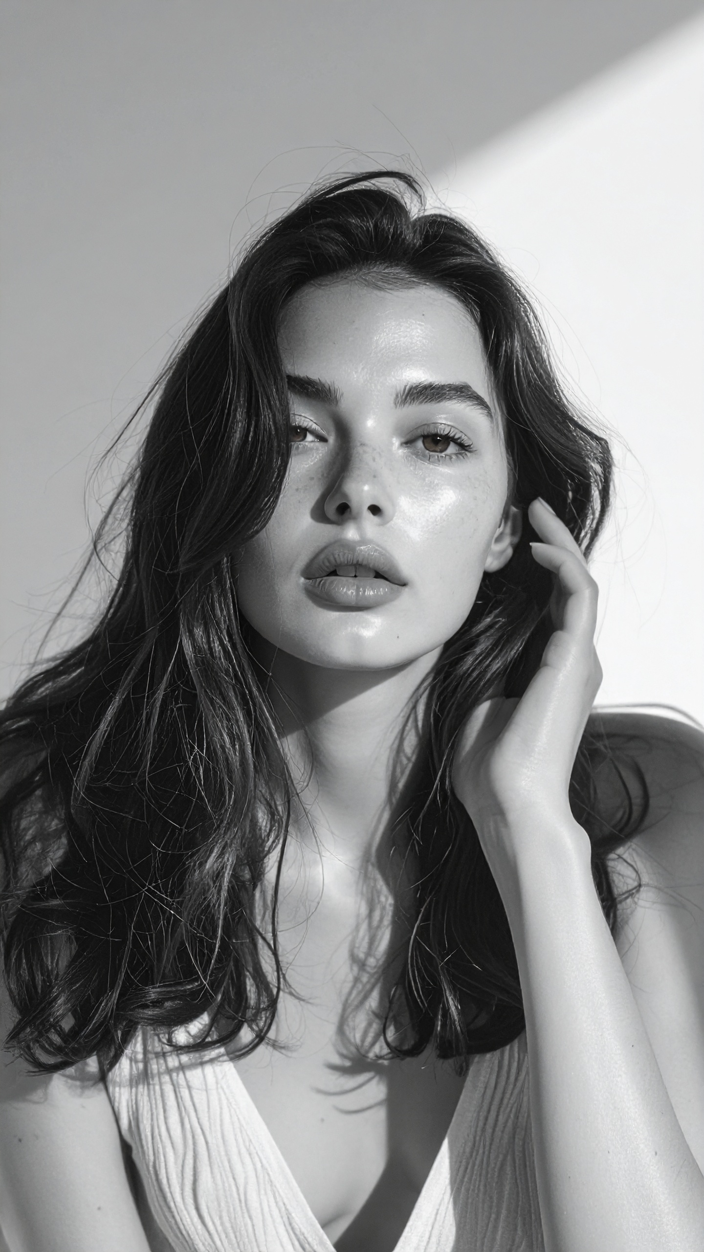 A woman with long dark hair poses in a softly illuminated setting