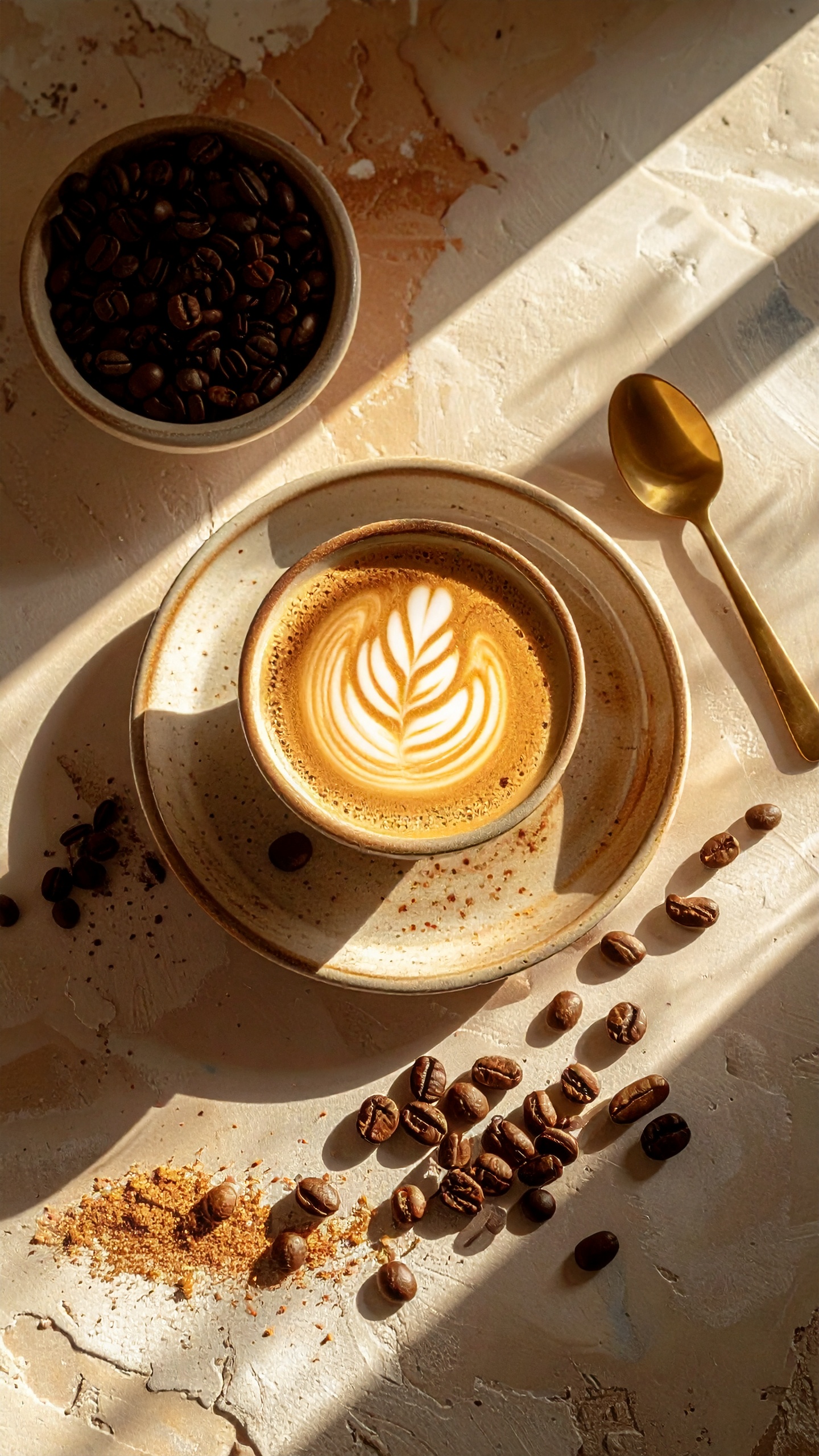 A beautifully crafted cappuccino sits on a textured ceramic saucer, surrounded by coffee beans