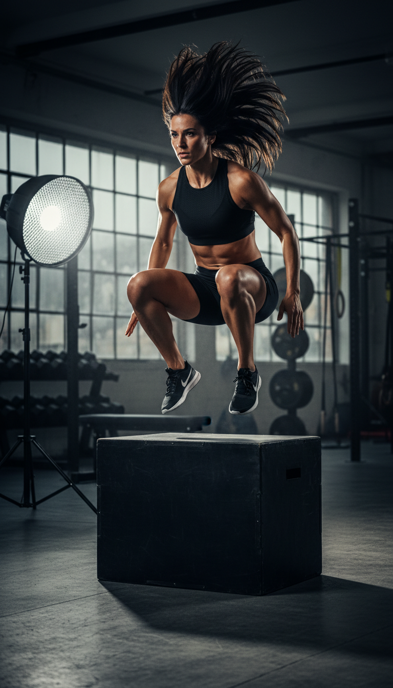 Atleta em salto explosivo durante treino em academia moderna