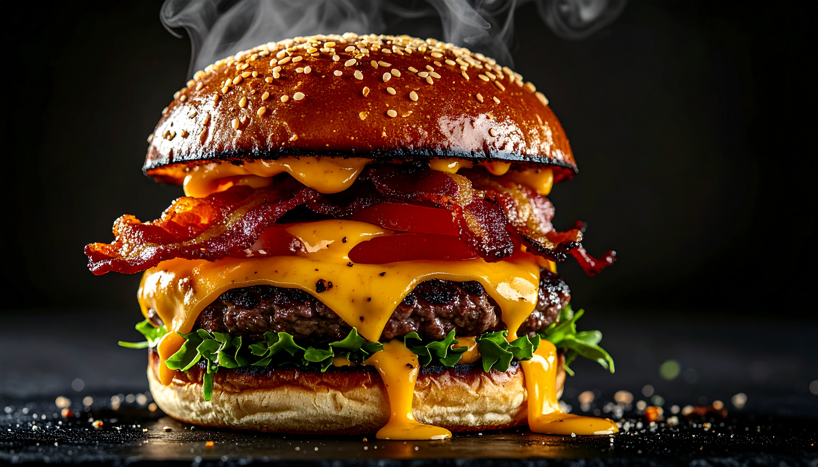 Hambúrguer suculento com queijo derretido e bacon crocante sobre um pão brioche. Perfeito para quem busca uma experiência gastronômica de fast-food gourmet. A carne grelhada, acompanhada de alface fresca e molho especial, destaca-se no fundo escuro. Ideal para refeições rápidas ou eventos casuais em casa. A combinação de sabores ricos e texturas variadas torna este hambúrguer uma escolha irresistível.