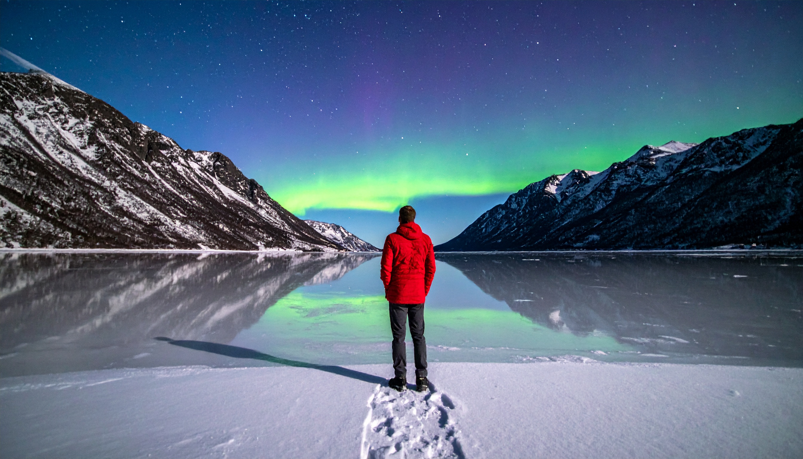 A person in a red jacket stands on a snowy landscape gazing at the vibrant Northern Lights