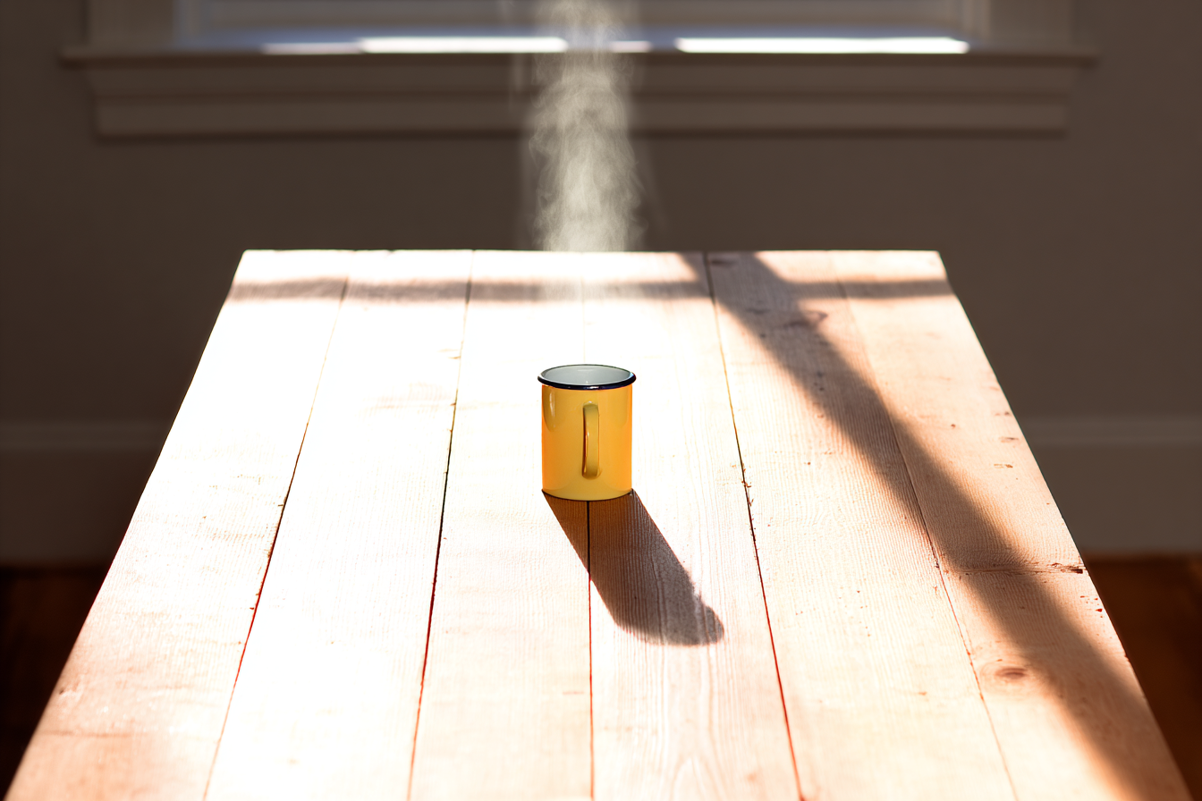 Caneca amarela de metal sob luz solar direta em uma mesa de madeira, com vapor visível no ar. A composição minimalista destaca o contraste entre a luz quente e as sombras projetadas, criando uma sensação de tranquilidade e simplicidade. O foco é nítido na caneca centralizada, com profundidade de campo raso realçando o cenário.