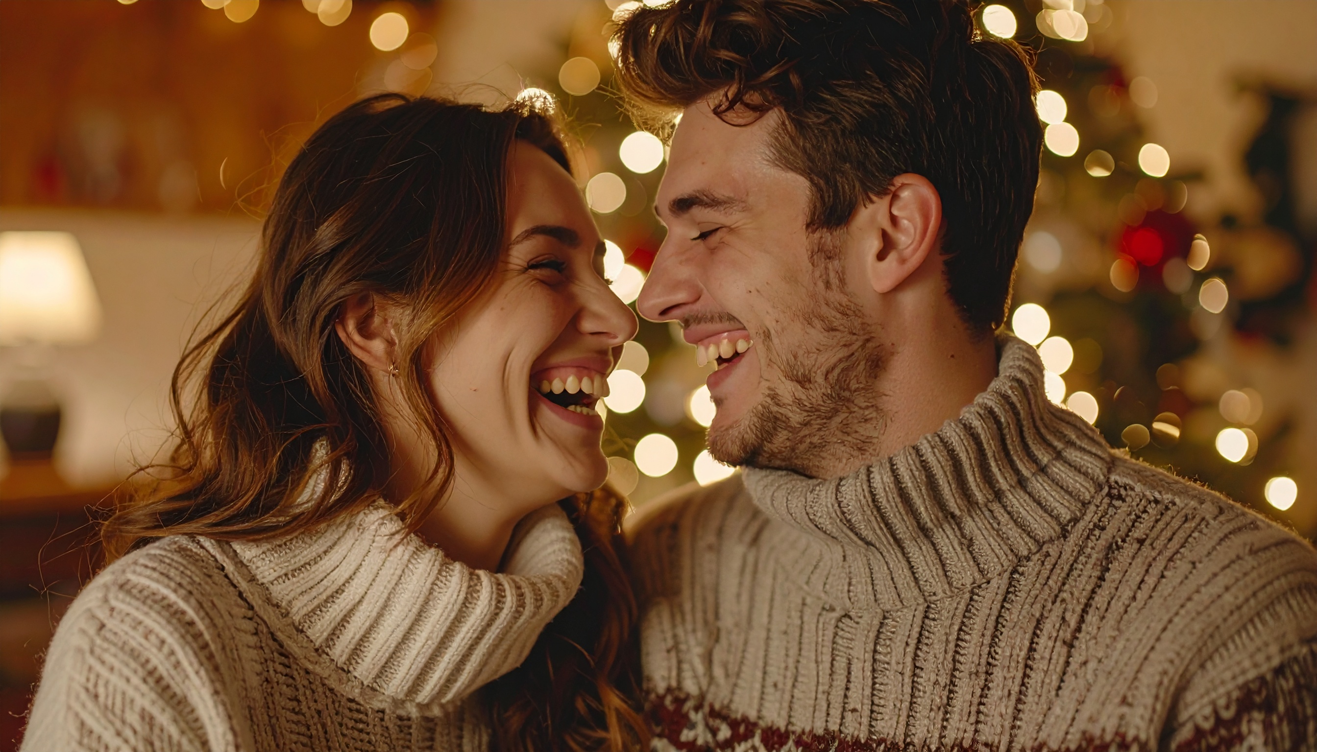 Couple Laughing in Cozy Christmas Setting