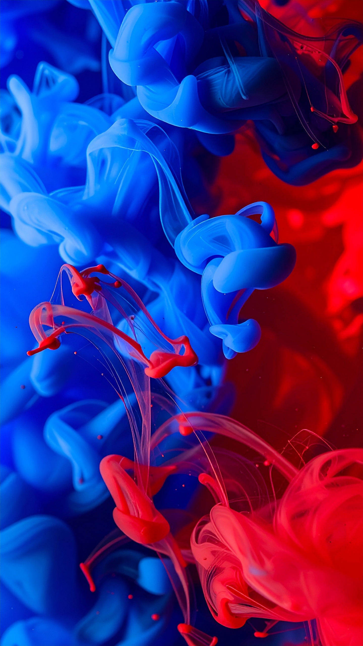 Imagem abstrata de tintas azul e vermelha misturando-se em um fluido, formando padrões dinâmicos e texturas complexas. A iluminação acentua o contraste entre as cores vibrantes, criando um efeito visual hipnotizante. A composição focada e detalhada ressalta as curvas suaves e a interação entre as tintas em um fundo indistinto.