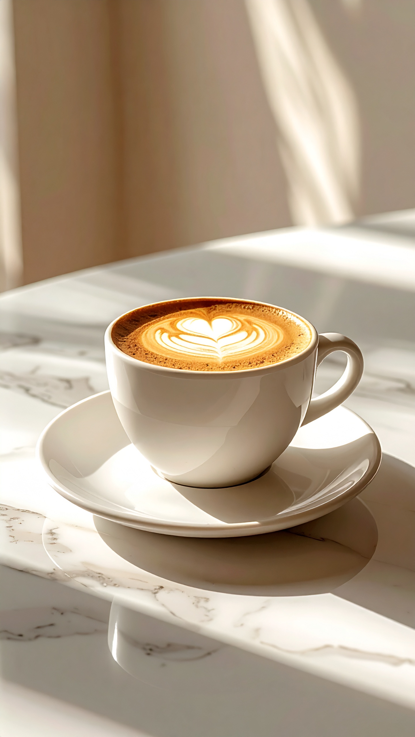 A warm cappuccino sits elegantly on a white marble table