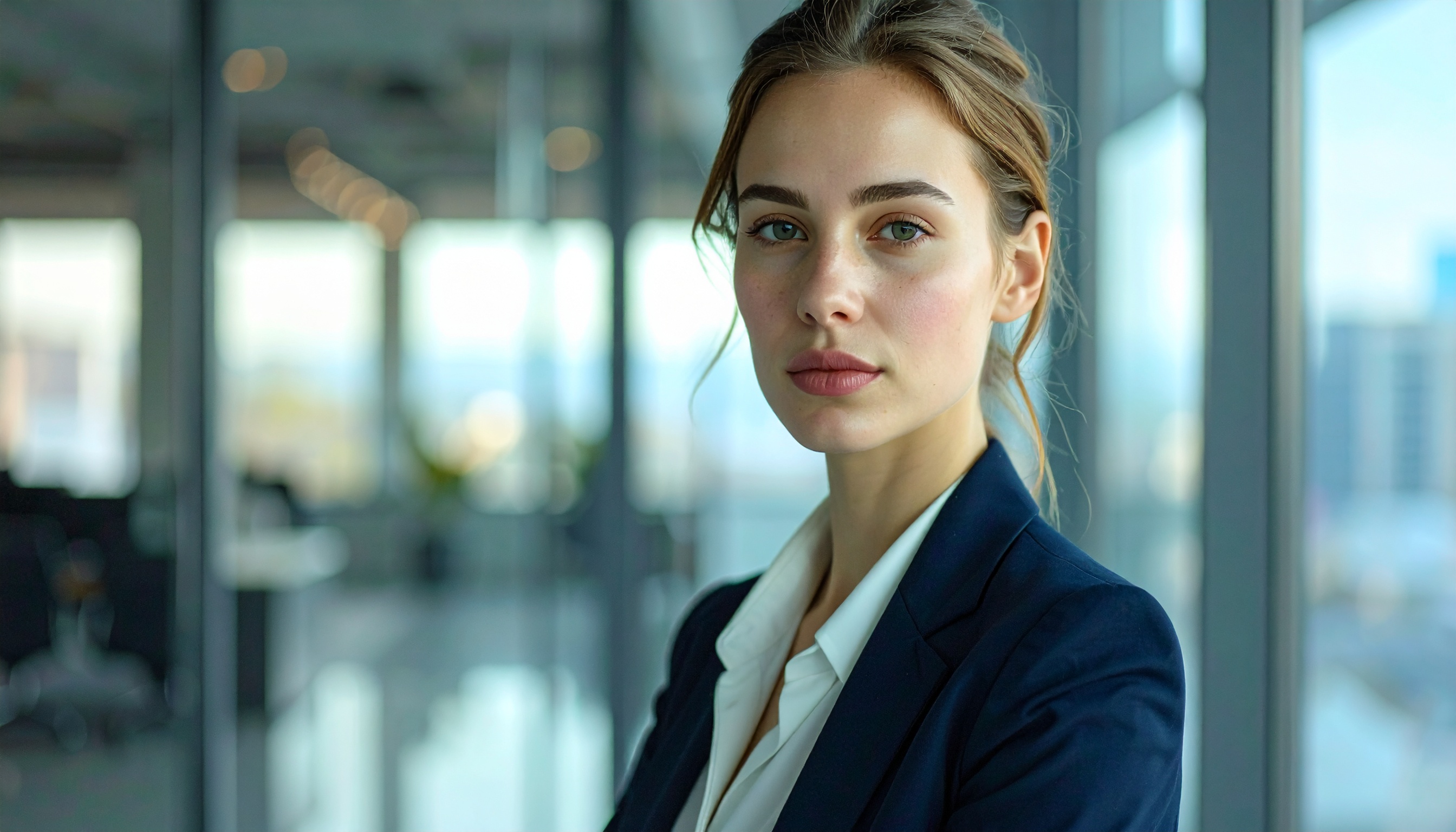 Retrato de uma mulher confiante em um ambiente corporativo moderno, com fundo desfocado de janelas de vidro e iluminação suave, transmitindo profissionalismo e serenidade.