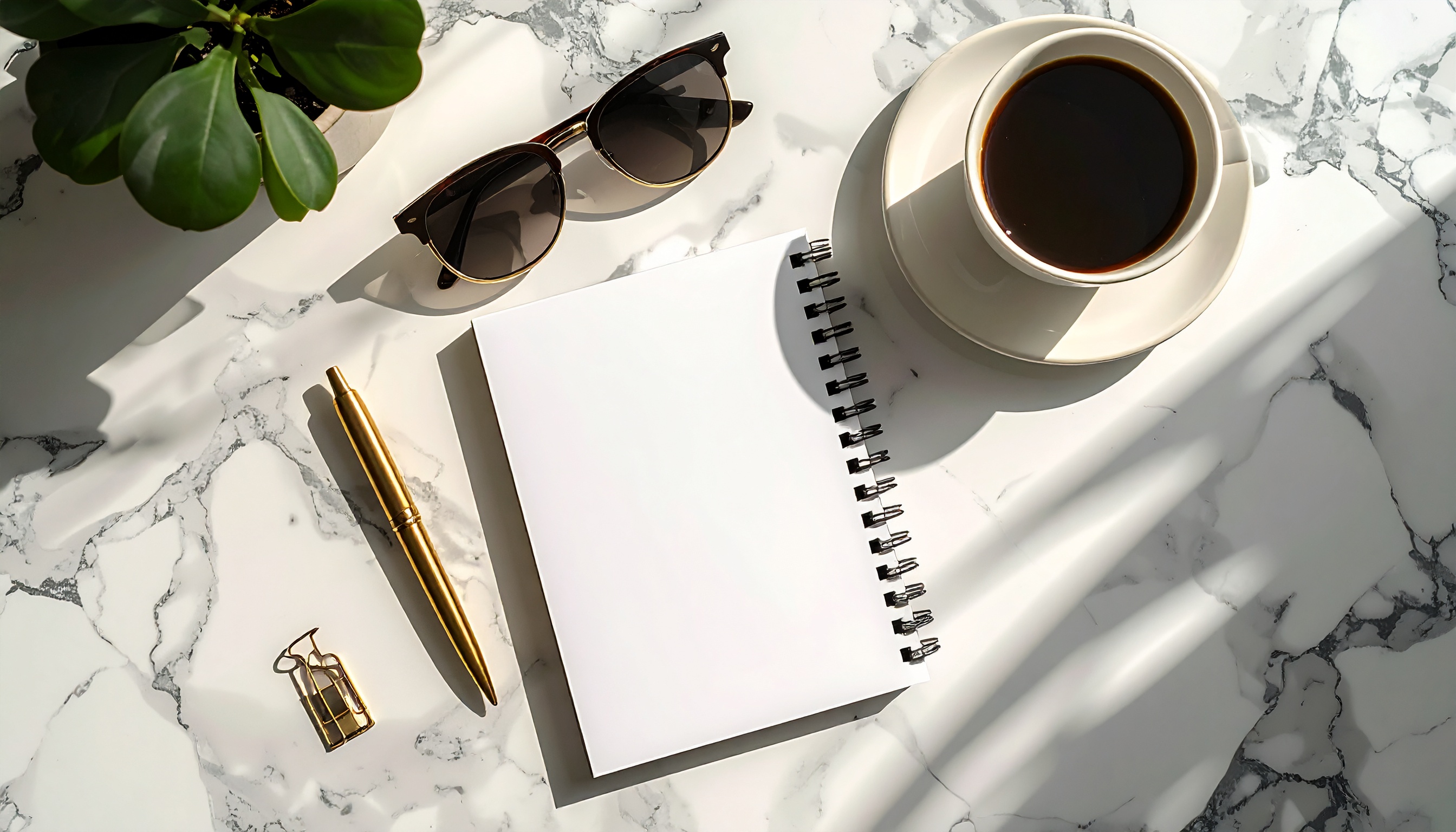 Elegant Office Scene with White Spiral Notebook on Marble Table