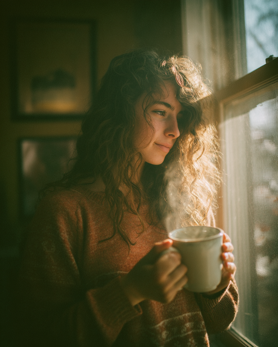 A imagem apresenta uma jovem mulher com cabelos cacheados, segurando uma caneca quente em frente a uma janela. A luz suave do sol ilumina seu rosto e cria um ambiente acolhedor, enquanto a neblina do vapor da caneca se eleva. As paredes ao fundo são de um tom escuro, contrastando com a luz que entra pela janela.