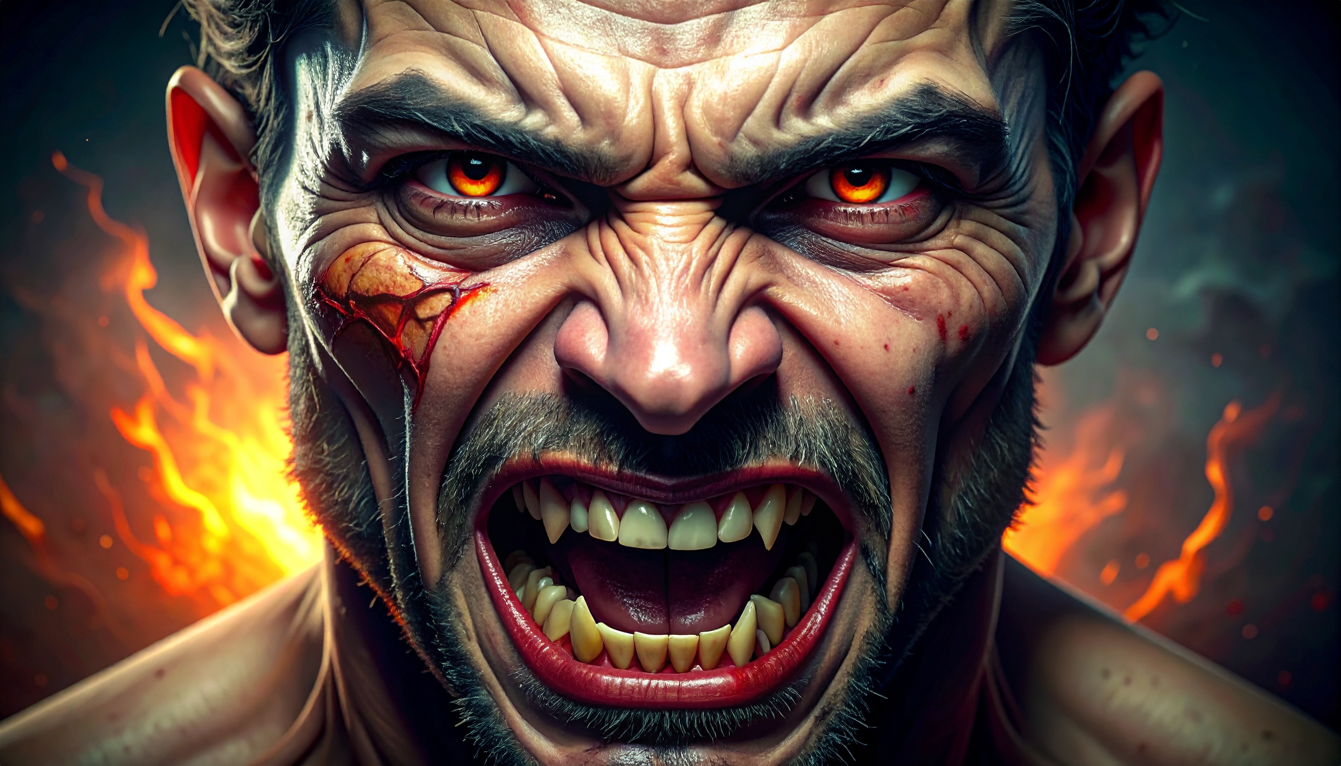 A fierce character exudes intensity with fiery eyes and sharp fangs