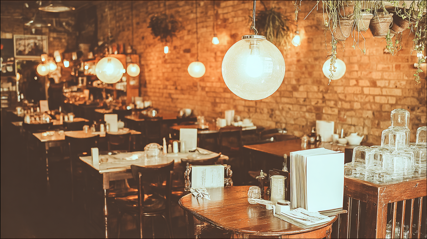 Restaurante aconchegante com iluminação suave âmbar, paredes de tijolos expostas, decoração vintage, mesas de madeira com utensílios e plantas suspensas, criando atmosfera acolhedora e rústica.