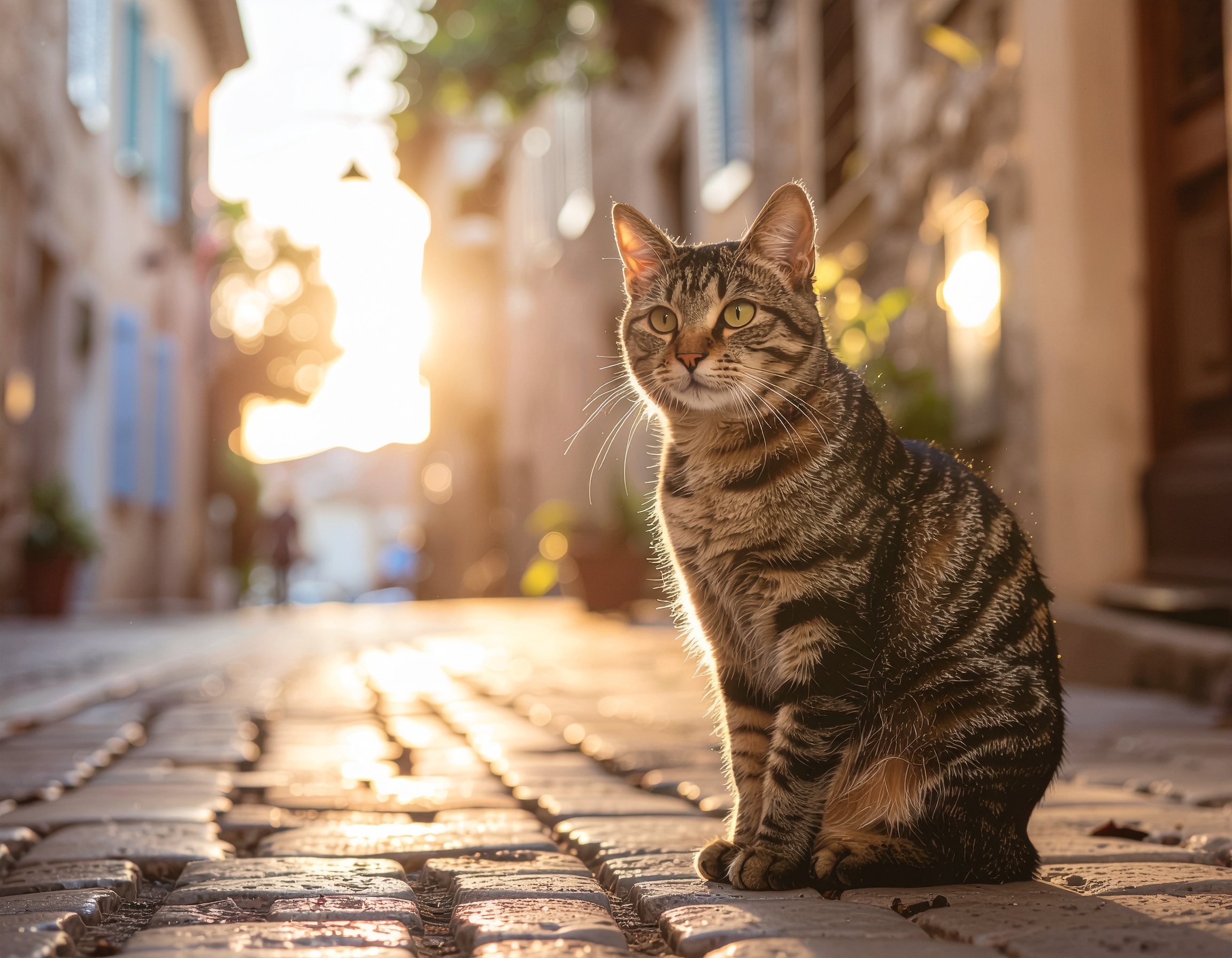Gato rajado sentado em uma rua de paralelepípedos, iluminado por um sol poente dourado. A iluminação suave cria um efeito de contra-luz, destacando o pelo do felino. A cena é capturada em uma vila pitoresca, com edifícios de pedra ao fundo e uma sensação de tranquilidade e serenidade. O foco está no gato, com detalhes nítidos em contraste com o fundo desfocado, criando uma profundidade de campo artística.
