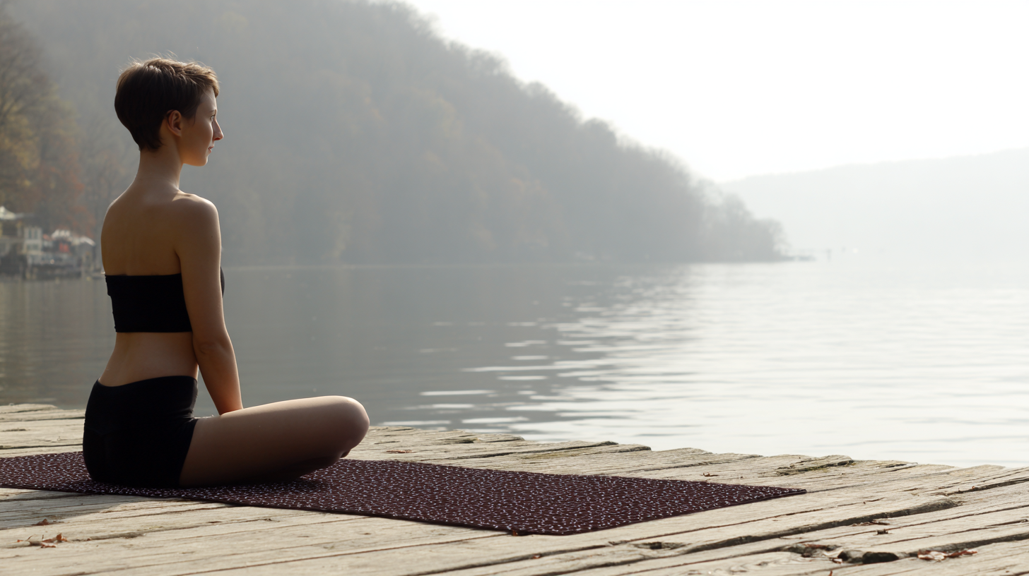 Mulher meditando em um deck de madeira à beira de um lago sereno, cercado por colinas enevoadas. Atmosfera calma e introspectiva, ideal para busca de paz interior e conexão com a natureza.