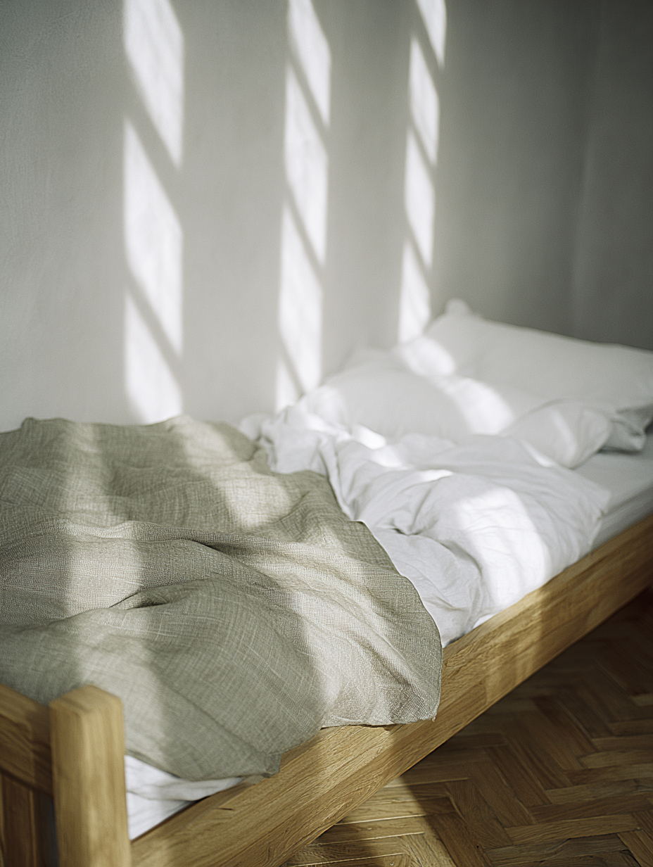 Cama de madeira em quarto minimalista com luz suave iluminando lençóis brancos e colcha bege, criando um ambiente sereno e acolhedor. A luz difusa atravessa a janela, projetando sombras geométricas na parede, enquanto o piso de madeira adiciona textura e calor ao espaço. A composição é simples, destacando o contraste entre tecidos e materiais.