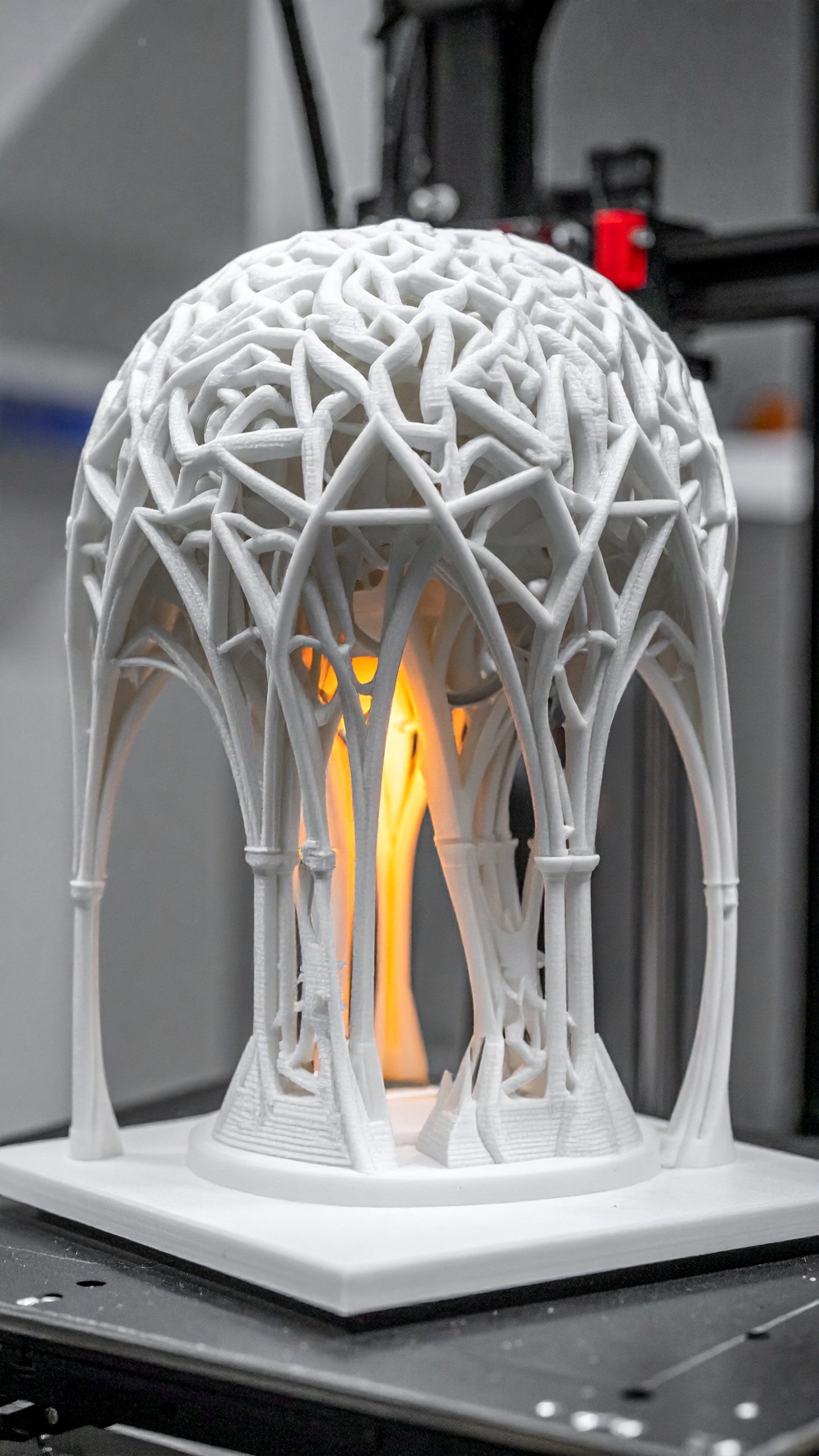 A 3D-printed lamp with intricate lattice design illuminates softly