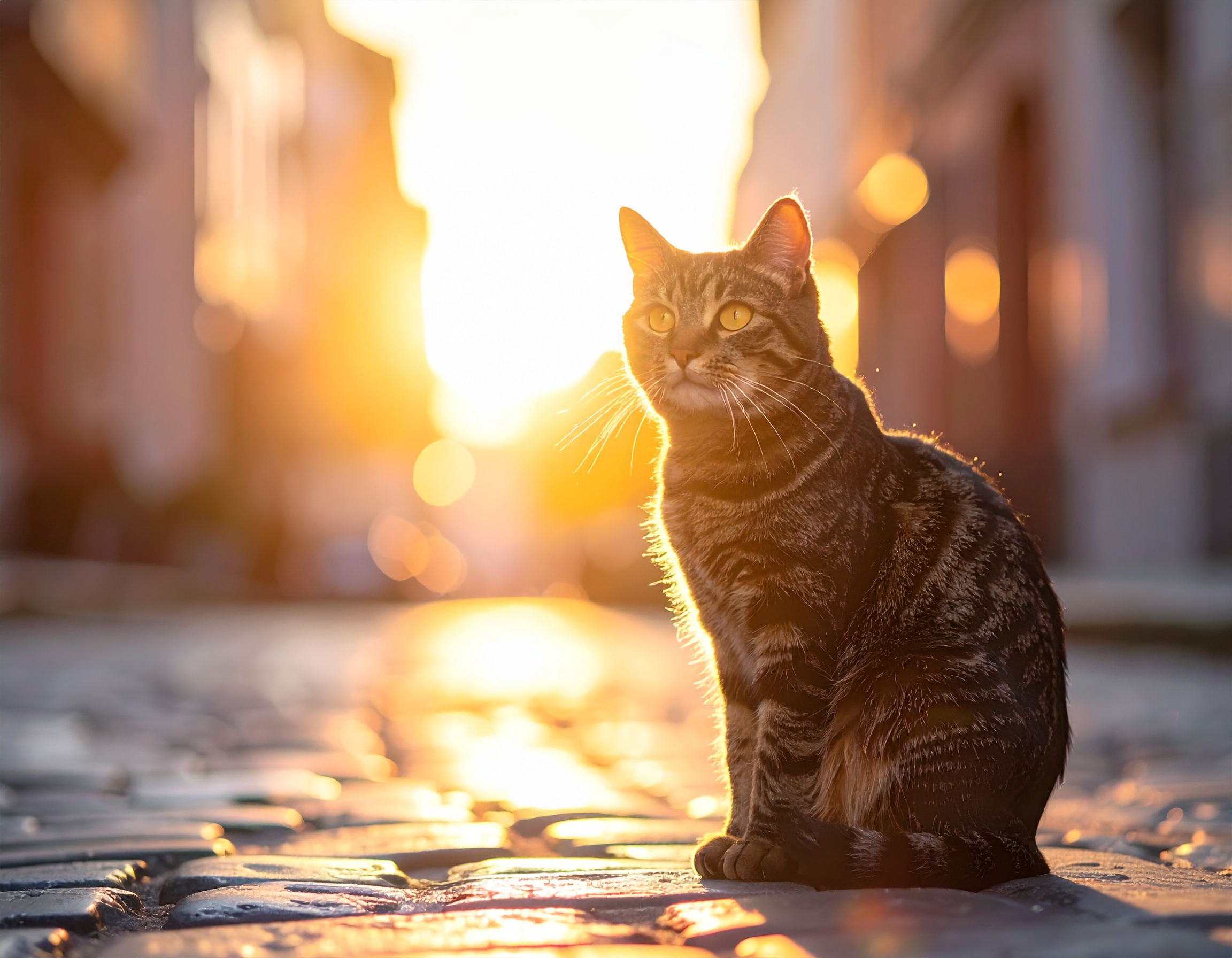 Gato com pelagem listrada em tons de marrom e cinza sentado em rua de paralelepípedo, iluminado por intenso pôr do sol alaranjado, criando uma atmosfera cálida e suave.