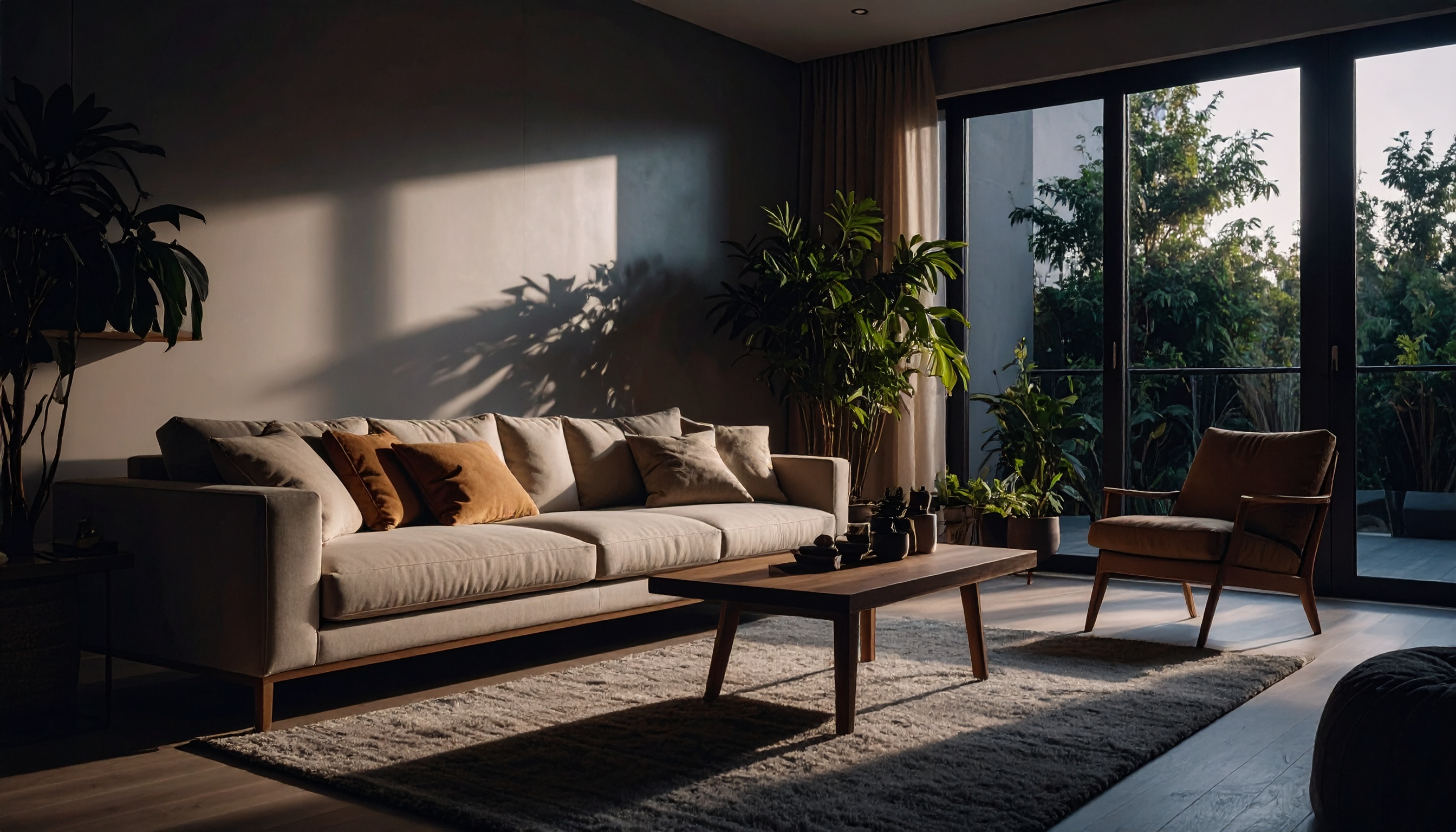 Sala de estar moderna com sofá bege, almofadas terracota, iluminação suave ao entardecer, plantas verdes, mesa de centro de madeira e janelas amplas com vista para a natureza.