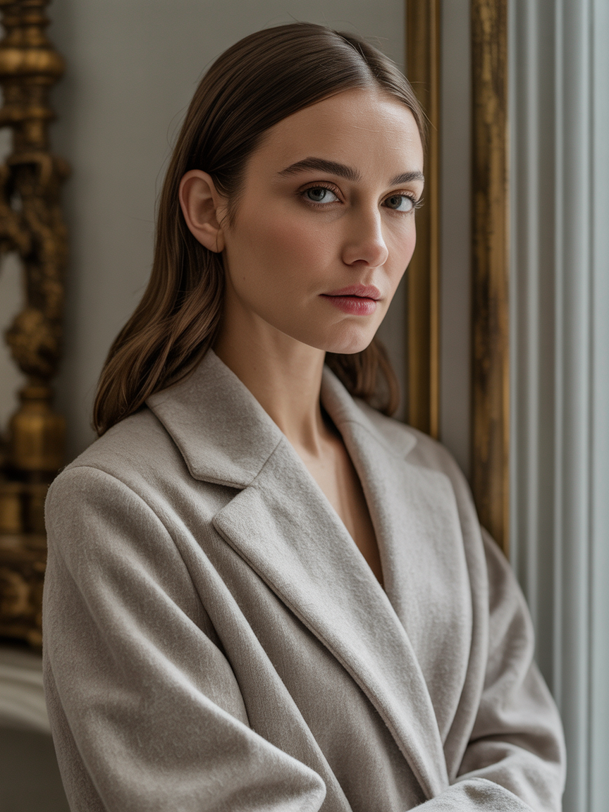 A woman in a beige coat stands beside a classic ornate frame