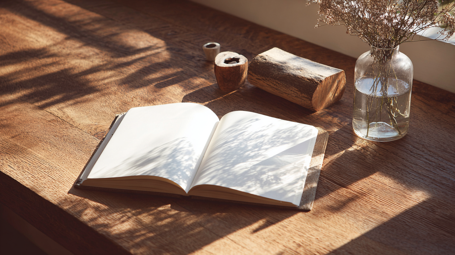 A imagem apresenta uma cena tranquila de um ambiente interno, com um livro aberto em uma mesa de madeira. A luz suave ilumina o espaço, criando sombras sutis que se estendem sobre a superfície da mesa. Um vaso de vidro com flores secas e um pequeno tronco de madeira complementam a composição.