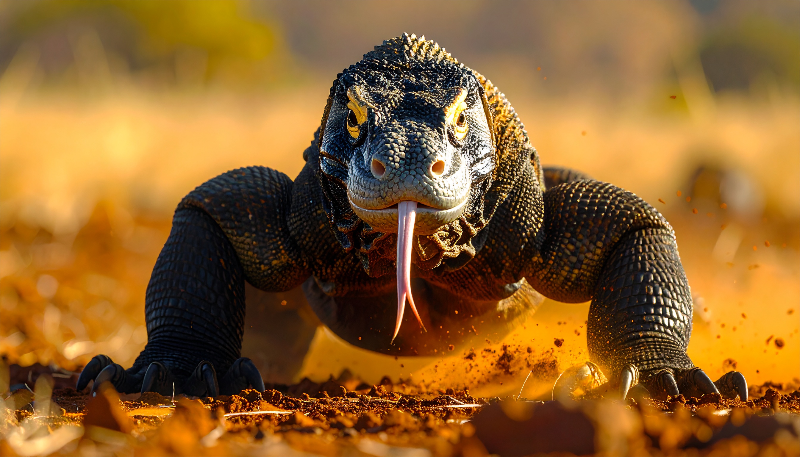 A powerful Komodo dragon advances across a sunlit, dusty terrain