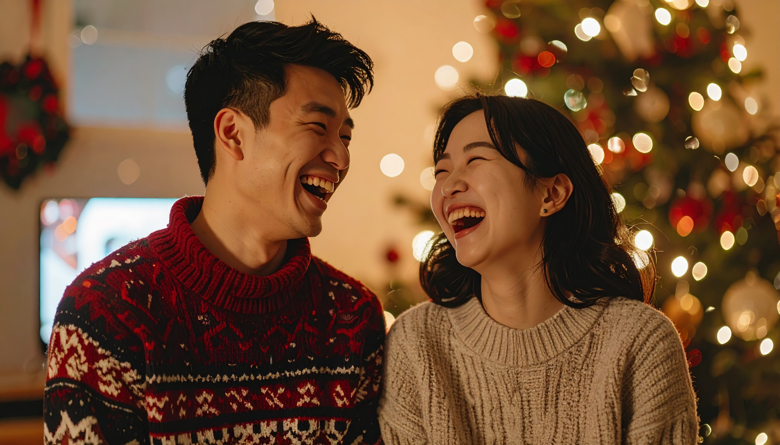 Um casal sorridente em sweaters de inverno, capturado em um ambiente festivo com uma árvore de Natal iluminada ao fundo. A iluminação quente e suave do local cria uma atmosfera acolhedora e alegre. A composição em foco é íntima e centrada, destacando a felicidade e a conexão entre as duas pessoas. Luzes desfocadas acrescentam um efeito bokeh, enriquecendo a cena com uma sensação mágica e festiva.