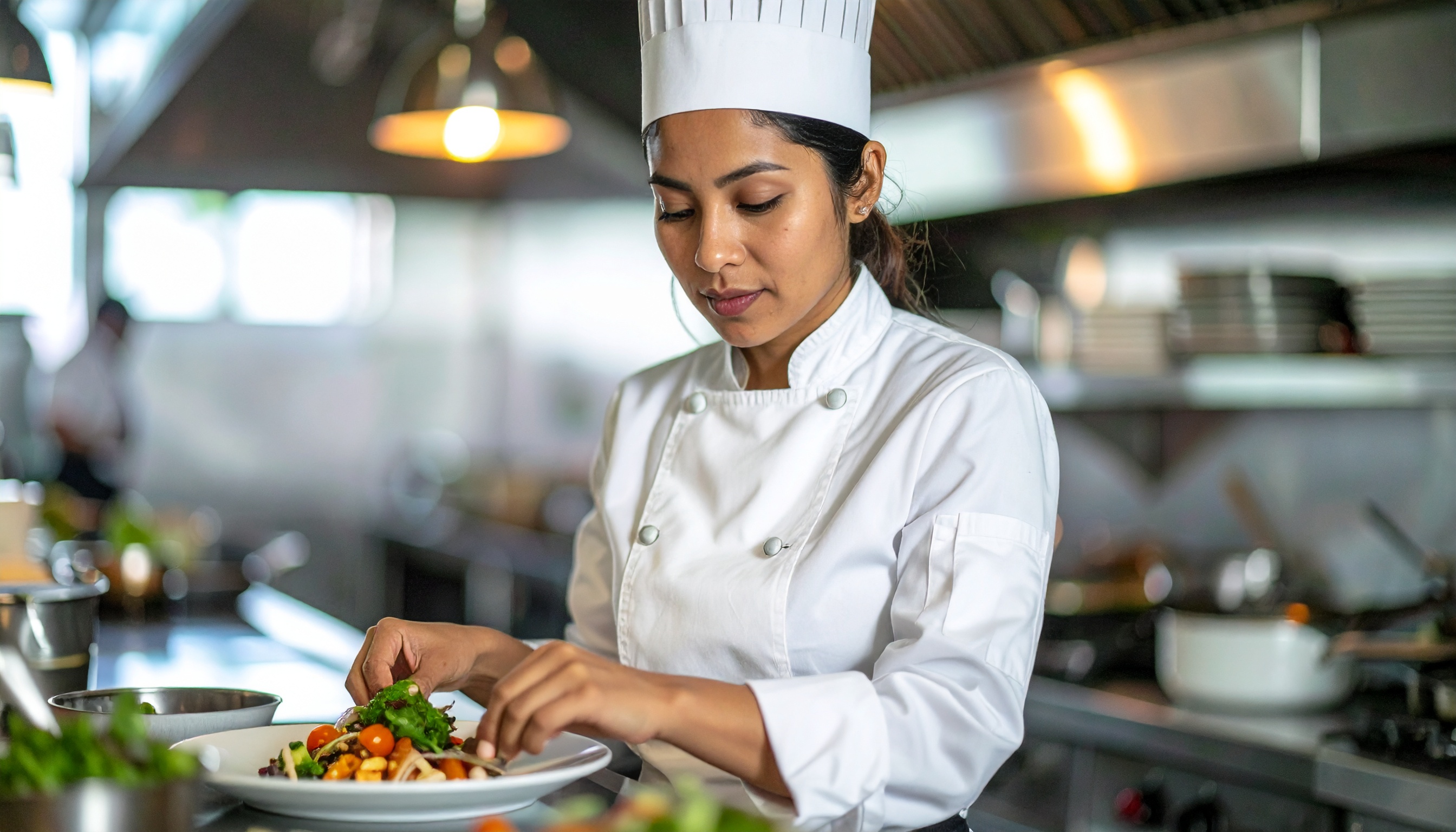 A chef in a professional kitchen is plating a dish with precision