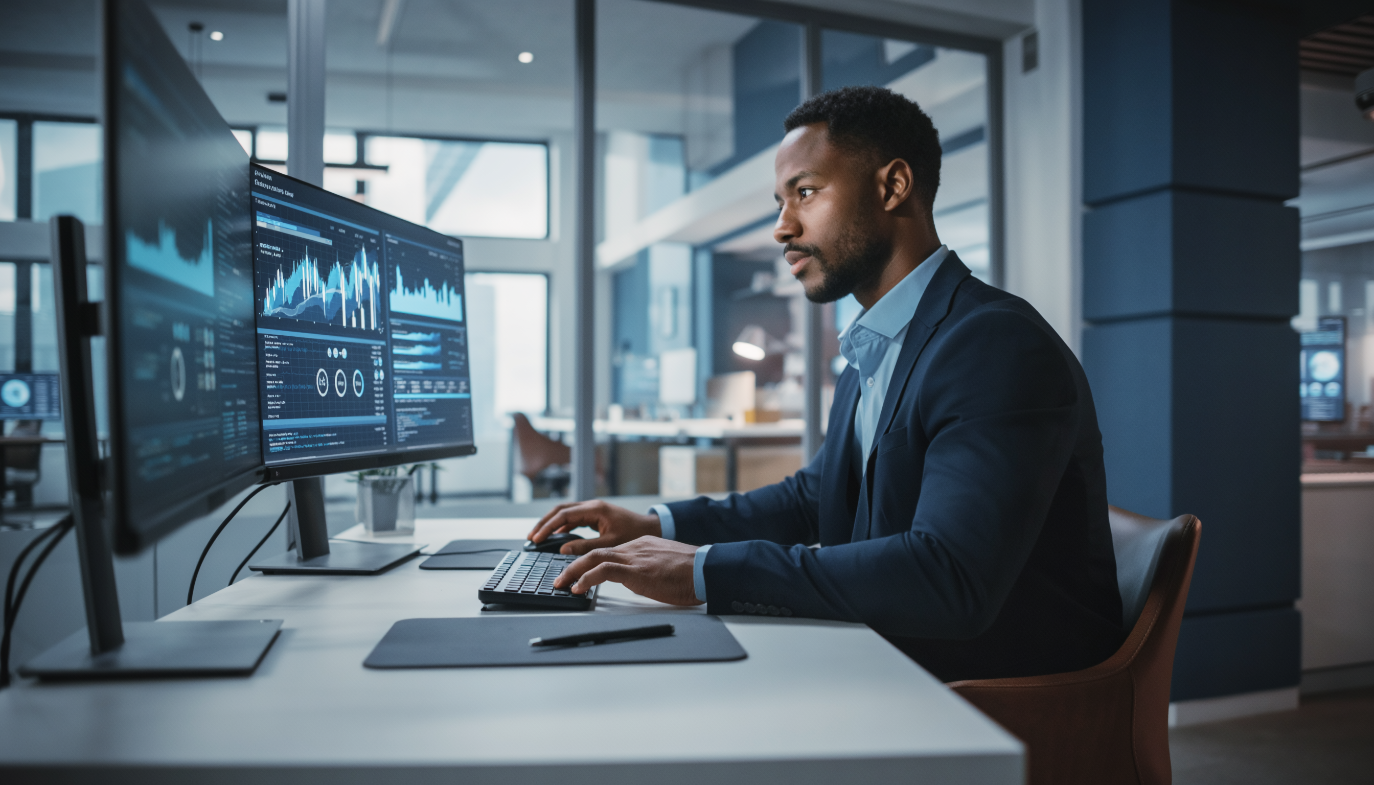 Man in Modern Office Focused on Dual Monitors with Financial Graphs